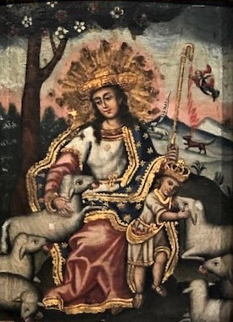Spanish Colonial
Mother of God and Young Jesus with Lambs
Original Oil on Wood Panel Painting
XVIII Century

DETAILS 
Original period frame. 

PAINTING DIMENSIONS 
Height: 9.75 inches 
Width: 7.25 inches 
Depth: 2.5 inches

FRAME