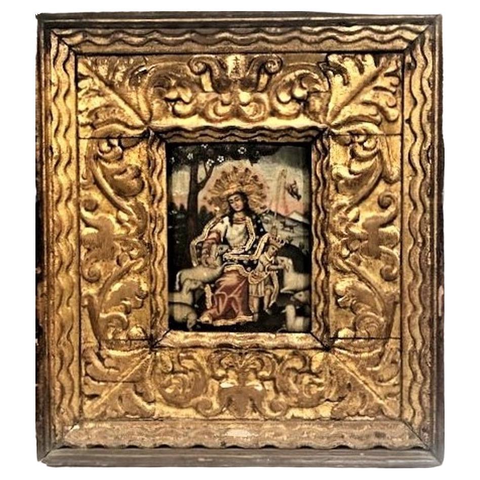 Spanish Colonial, Mother of God and Jesus w/ Lambs, O/W Painting, XVIII Century For Sale