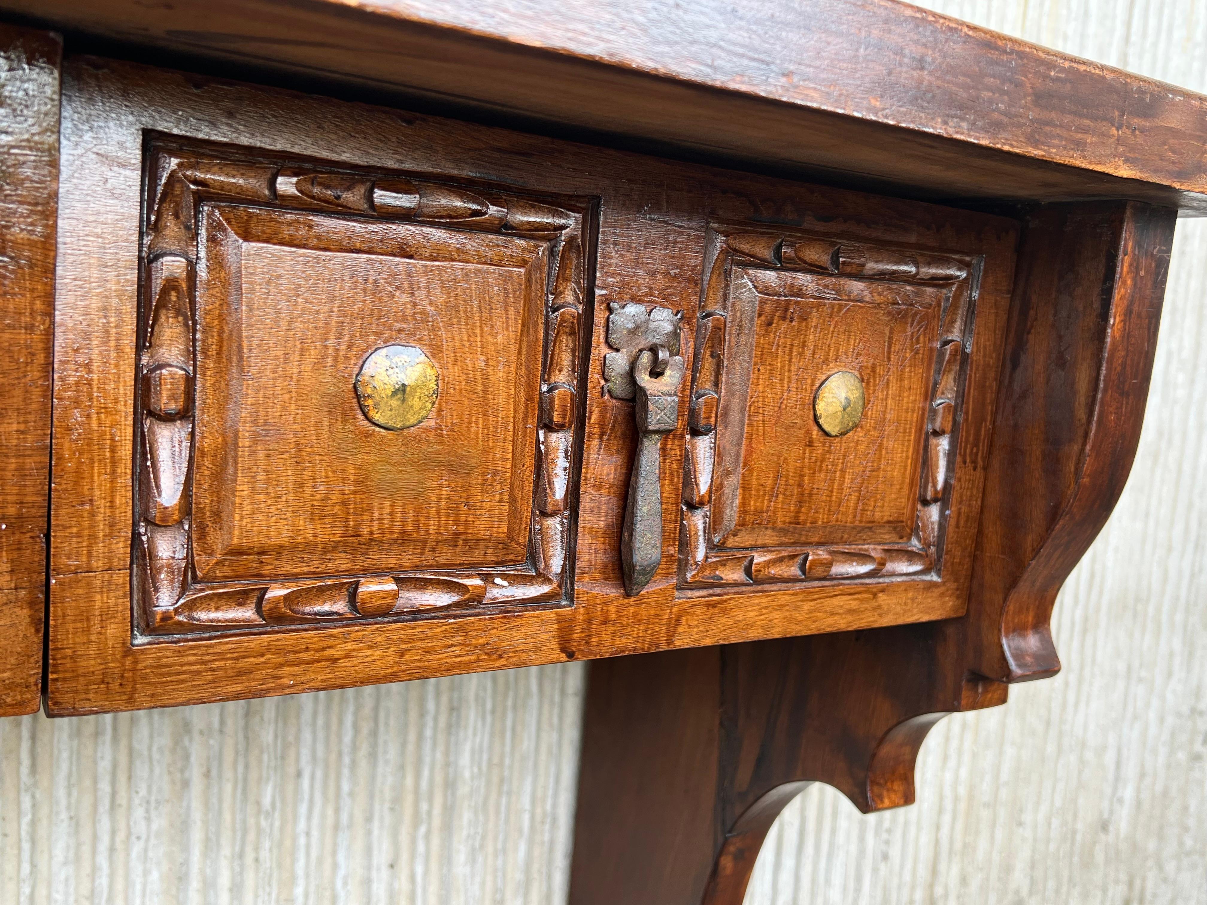 Spanish Colonial Narrow Console Table with Two Drawers with Iron Hardware For Sale 4