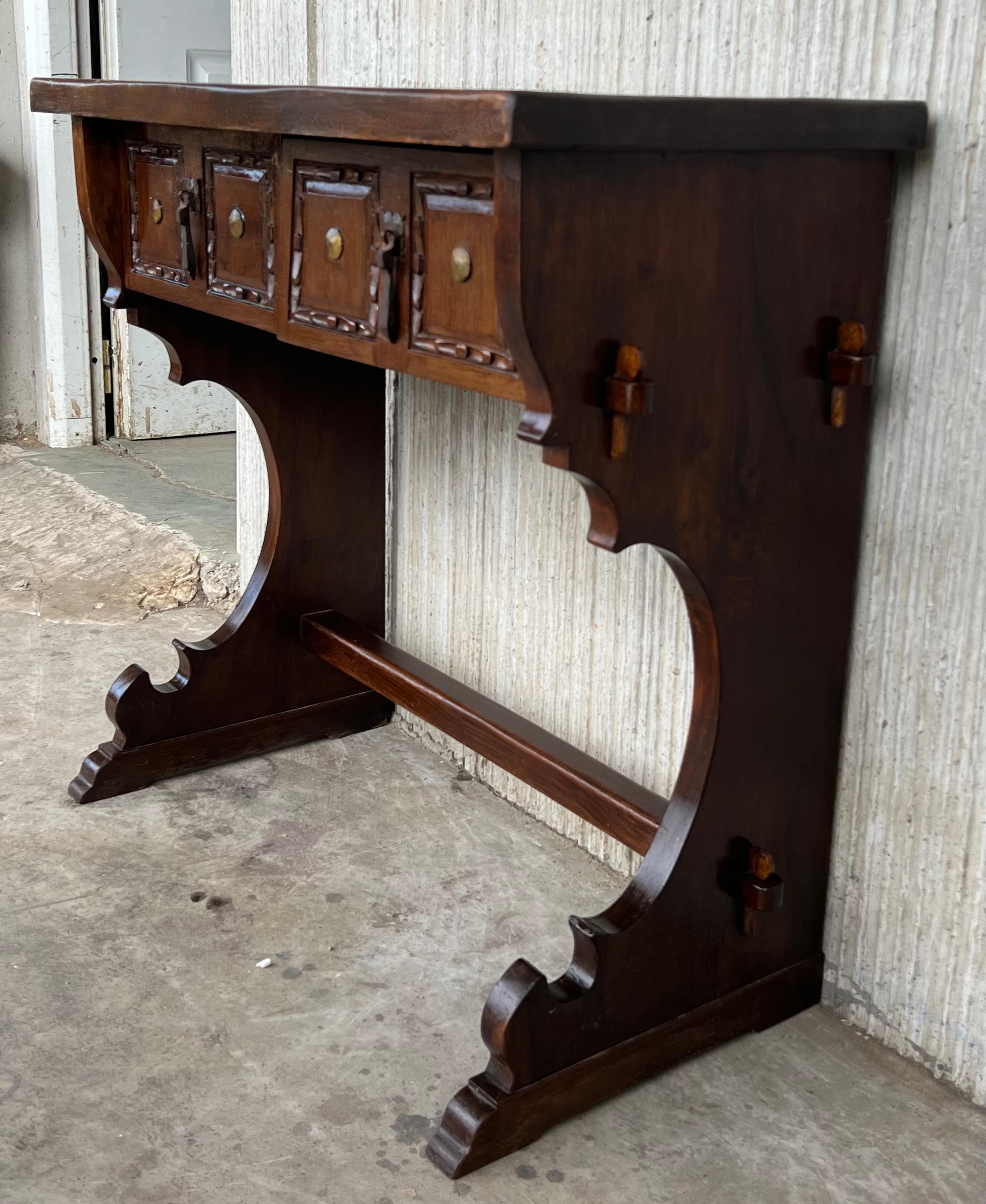 Baroque Spanish Colonial Narrow Console Table with Two Drawers with Iron Hardware For Sale