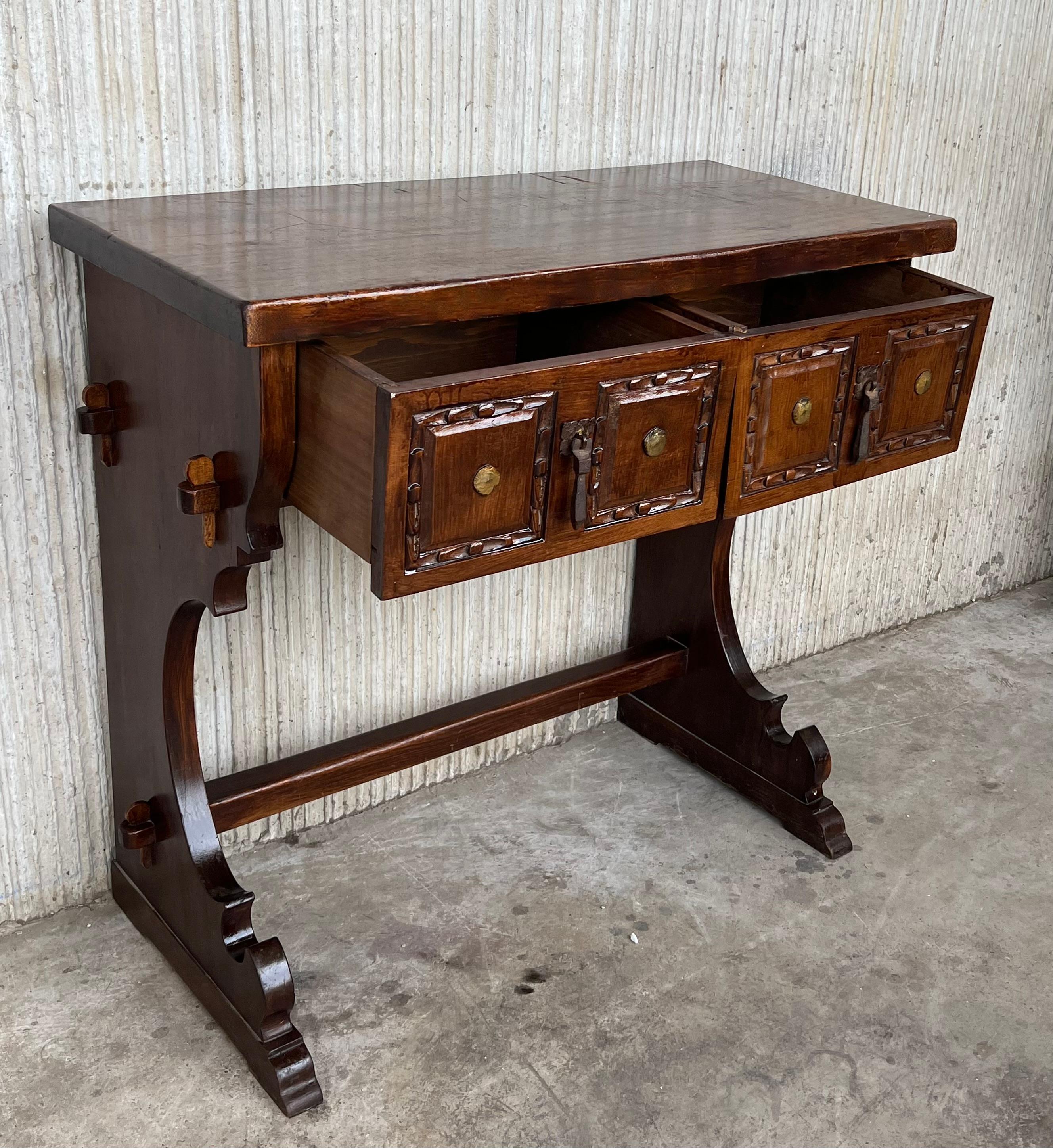 Spanish Colonial Narrow Console Table with Two Drawers with Iron Hardware In Good Condition For Sale In Miami, FL