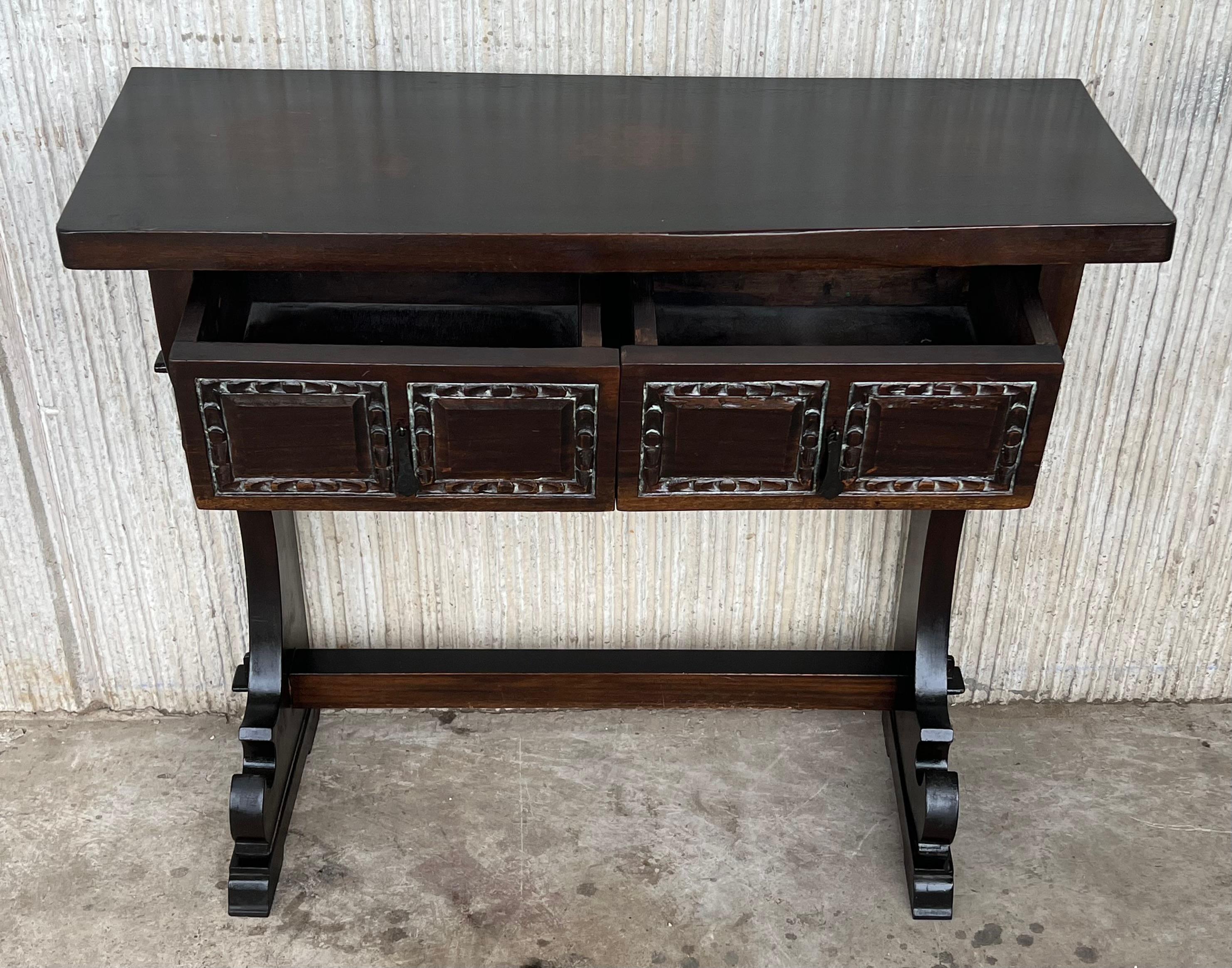 Spanish Colonial Narrow Console Table with Two Drawers with Iron Hardware For Sale 2