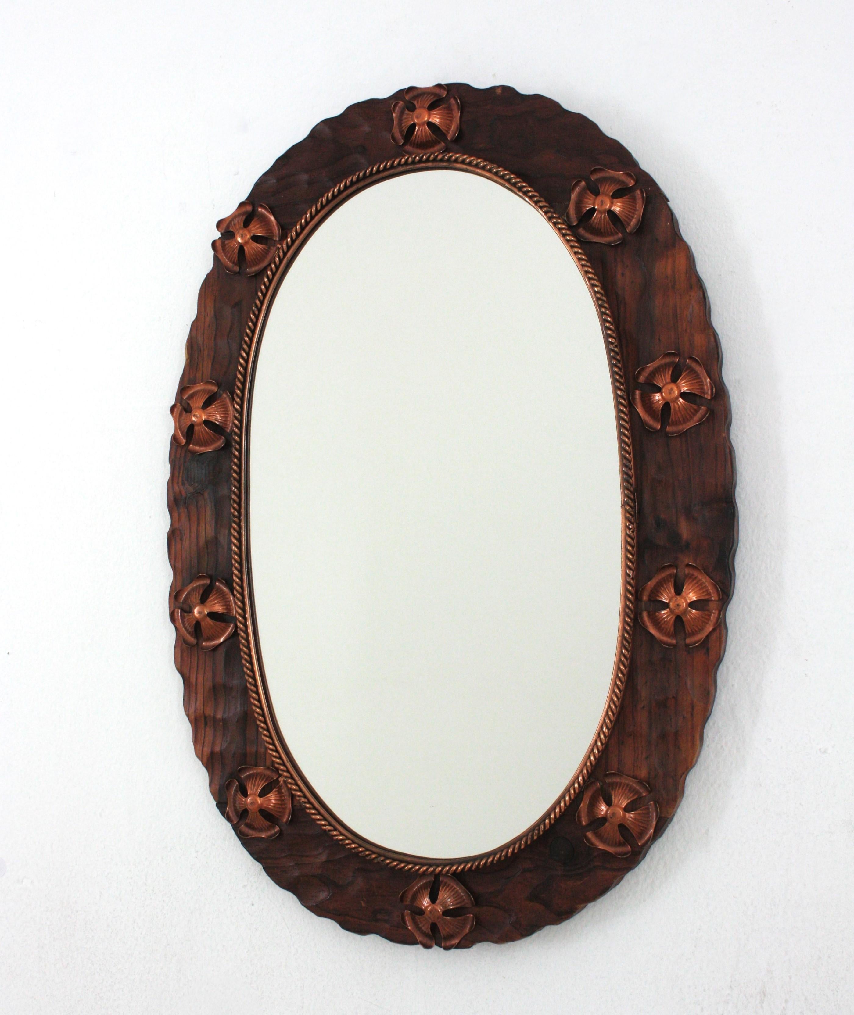 Spanish Colonial Oval Mirror in Carved Wood with Copper Metal Flowers For Sale 5