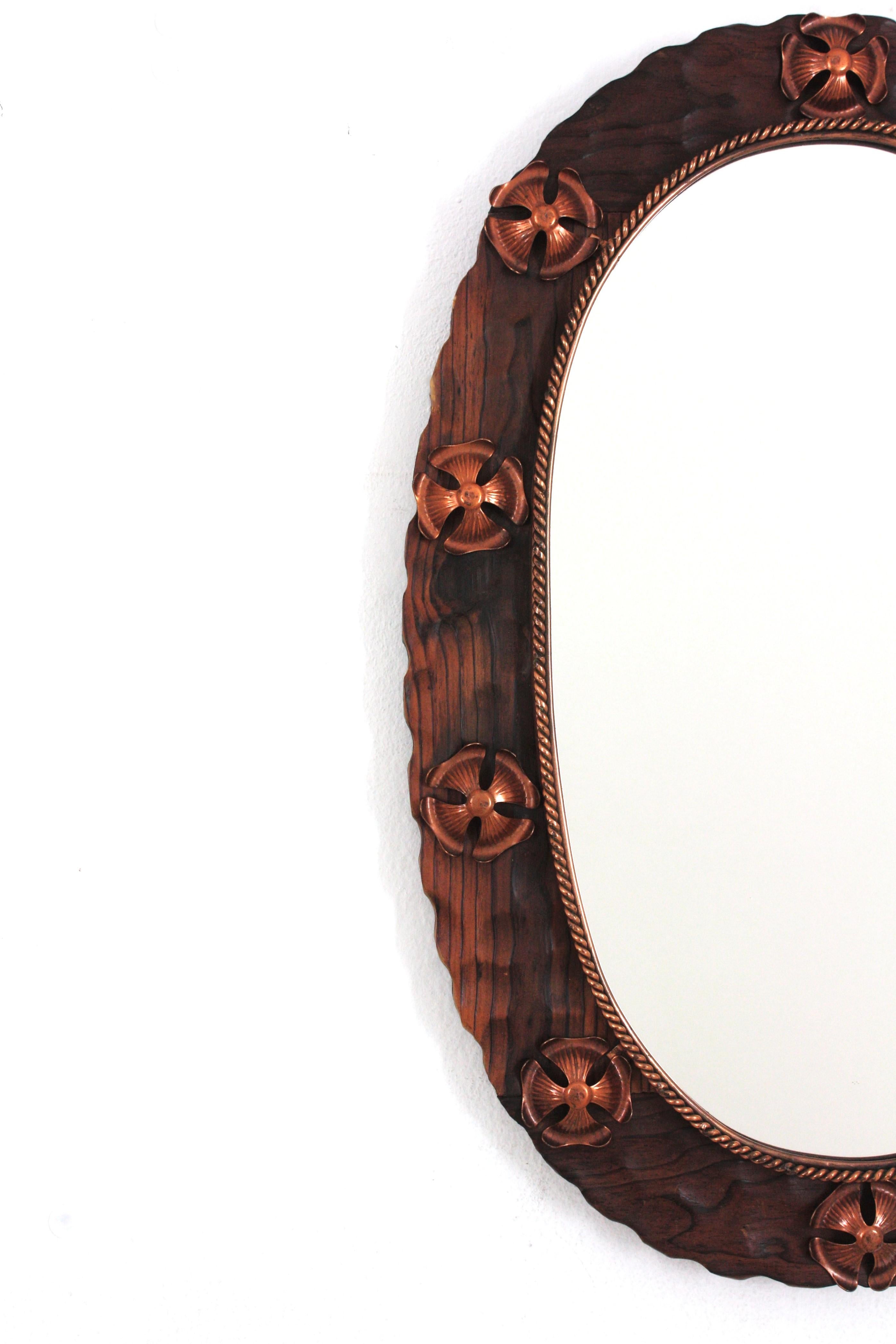 Spanish Colonial Oval Mirror in Carved Wood with Copper Metal Flowers For Sale 2