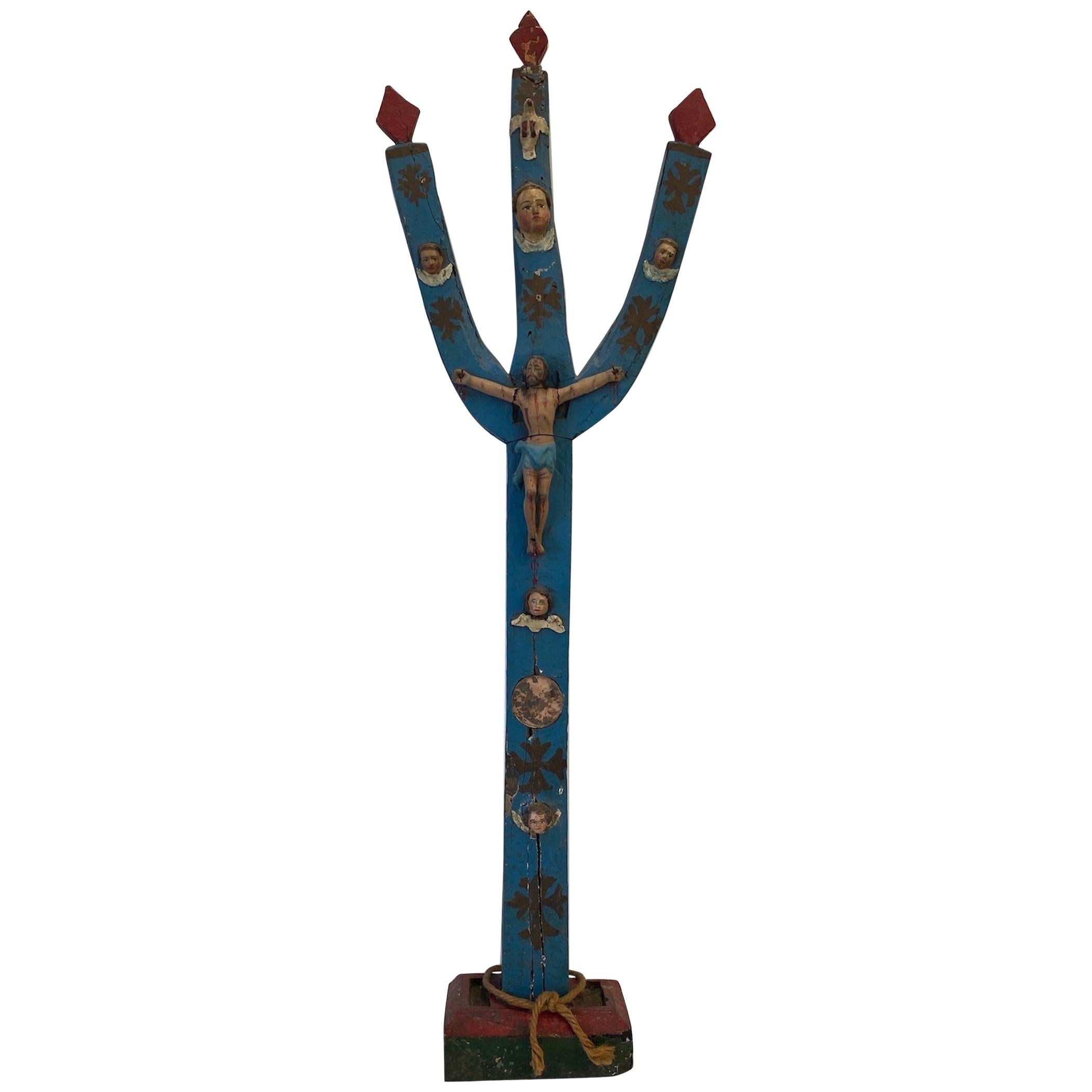 Spanish Colonial, Painted Wooden Crucifix of Christ on a Stylized Tree