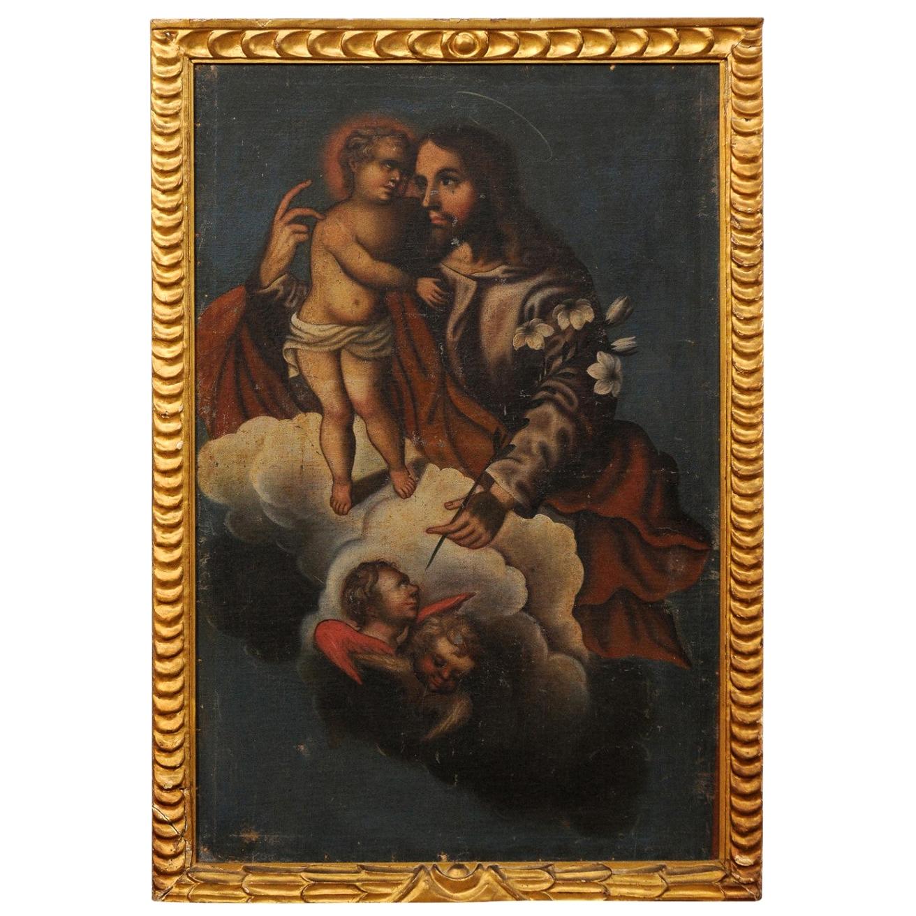 Peinture coloniale espagnole de Jésus avec un enfant, dans un cadre doré du 19ème siècle en vente