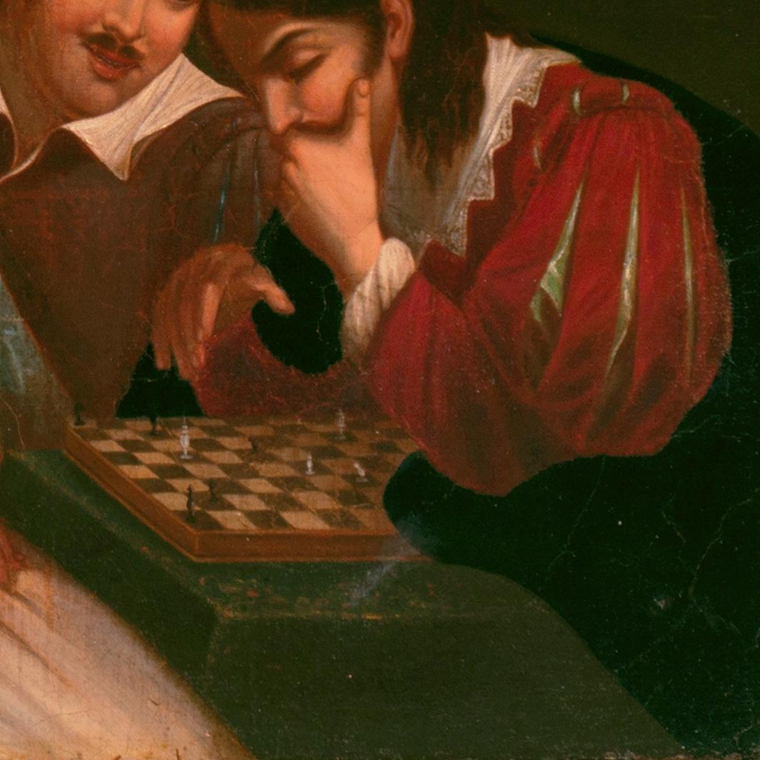 An enigmatic, early 19-century figural oil showing two men and a woman, all in 17th century dress, deliberating over a game of chess.