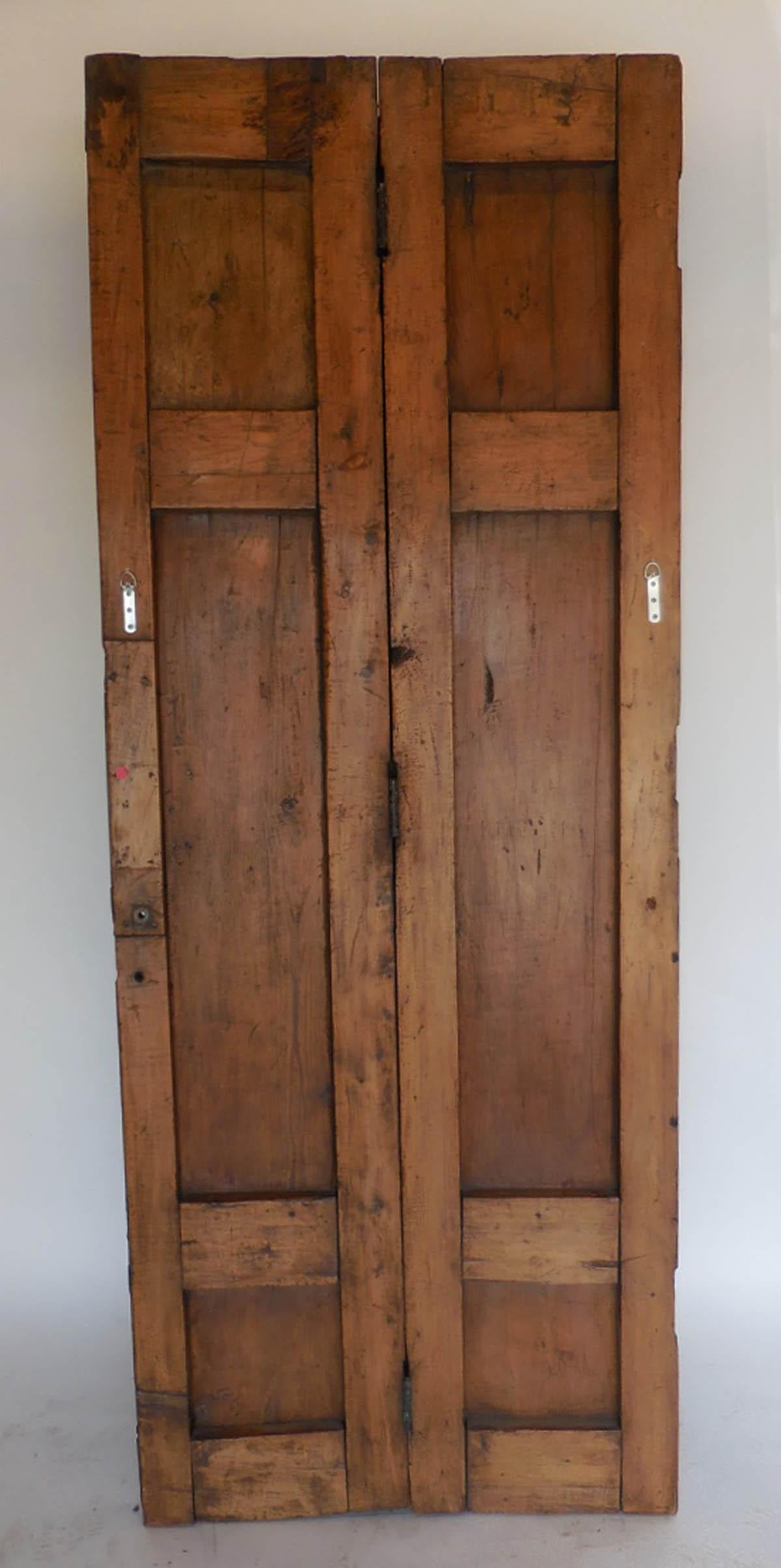 Spanish colonial (pre 1825) Guatemalan pair of narrow doors with six panels and carved round raised decoration. Made of thich solid Cipres wood. Functional as doors or a single door, screen or as a focal point on a wall. Lovely dark honey colored