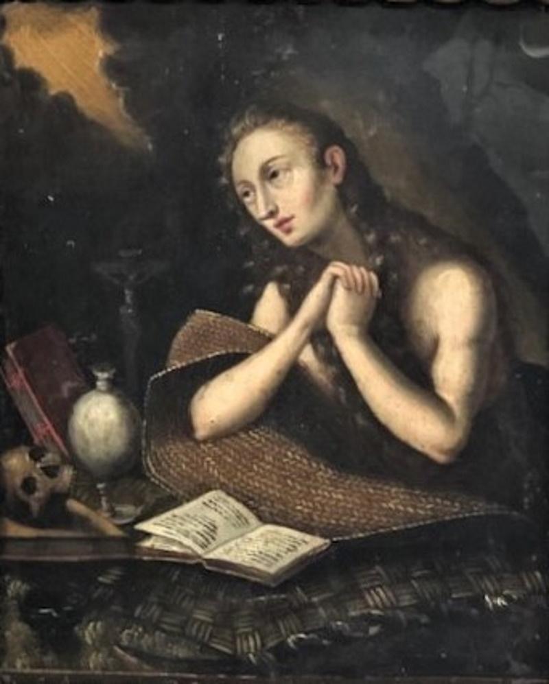 Spanish Colonial
Penitent Mary Magdalene
Original oil on canvas painting
XIX century

Details
Original period frame. 

Painting dimensions
Height: 11.25 inches 
Width: 9-1/8 inches 
Depth: 1.5 inches

Frame dimensions
Width: 3.25
