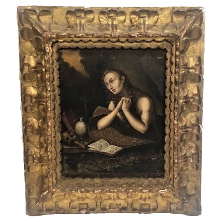 Colonial espagnol, Penitent Mary Magdalene, peinture originale en O/C, 18ème siècle