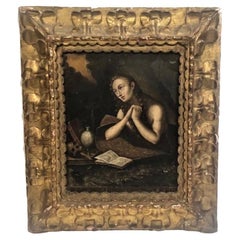 Antique Spanish Colonial, Penitent Mary Magdalene, Original O/C Painting, 18th Century