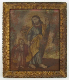 17thC Spanish Colonial School Frame with orig. Painting St. Joseph Jesus Child