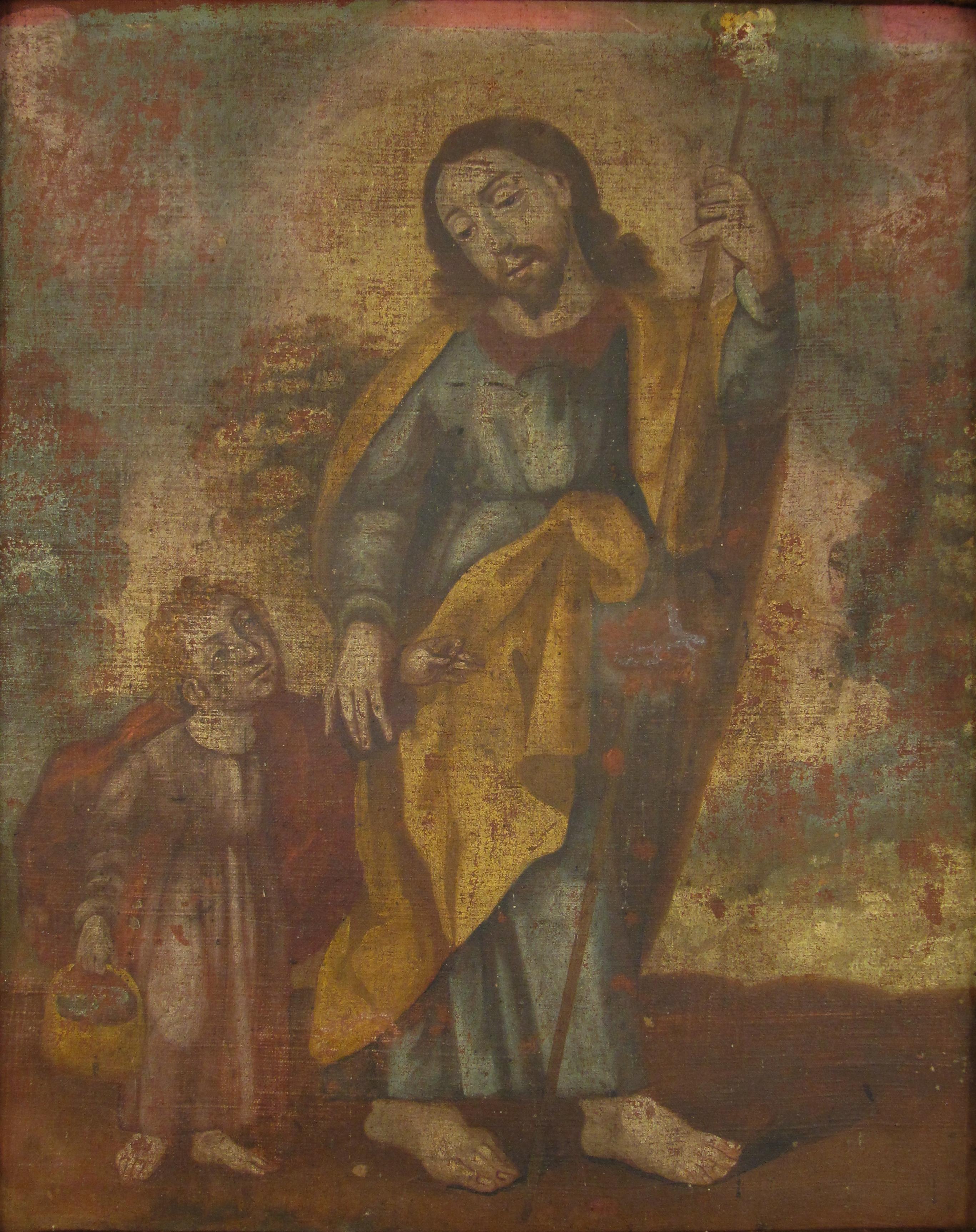 École coloniale espagnole du XVIIe siècle (probablement l'école de Cuzco au Pérou) - Saint Joseph avec l'Enfant Jésus portant un panier, dans son cadre d'origine en bois dur sculpté.

•	Peint à l'huile sur toile (posée sur un panneau de fibres),