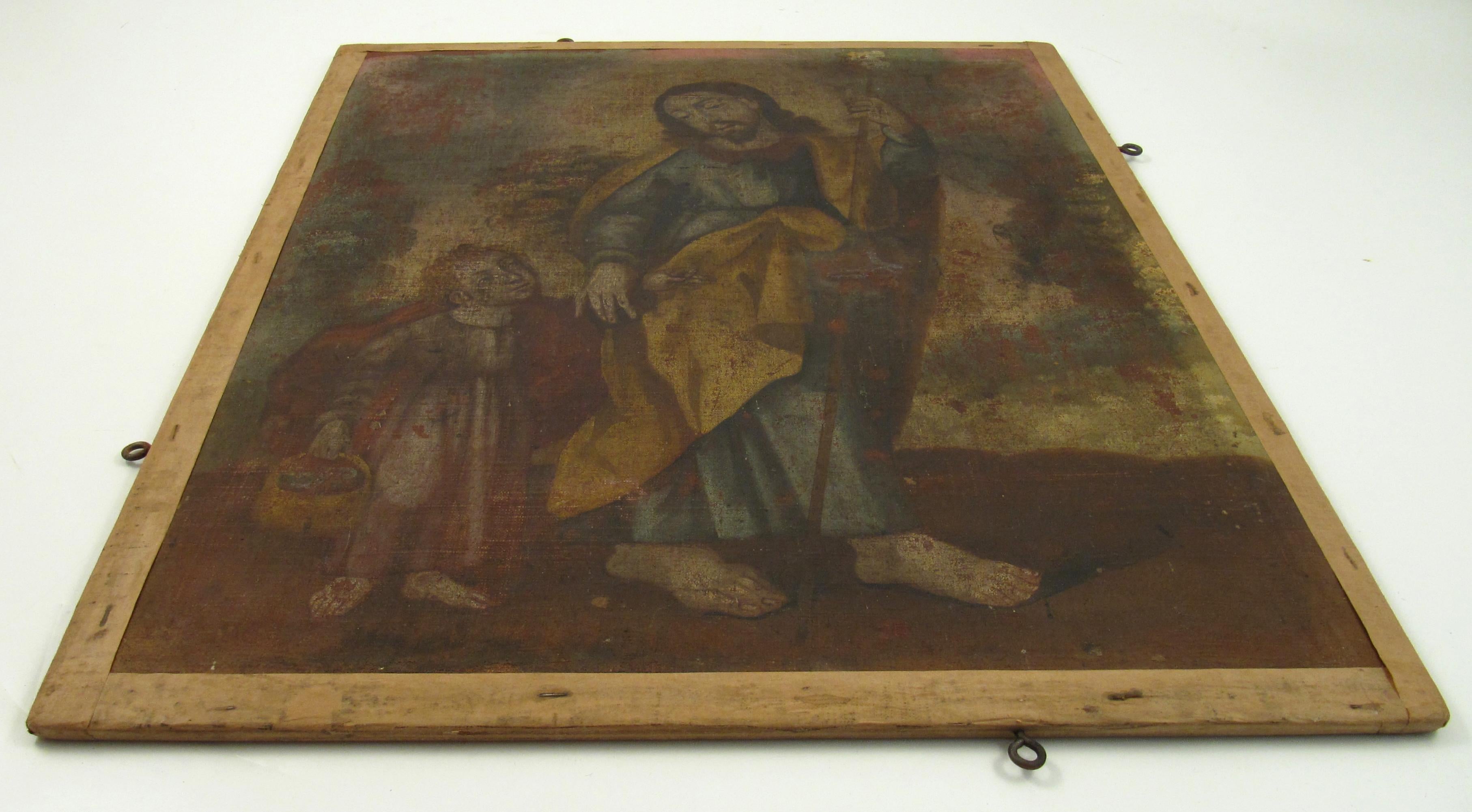 17thC Spanish Colonial School Frame with orig. Painting St. Joseph Jesus Child For Sale 2