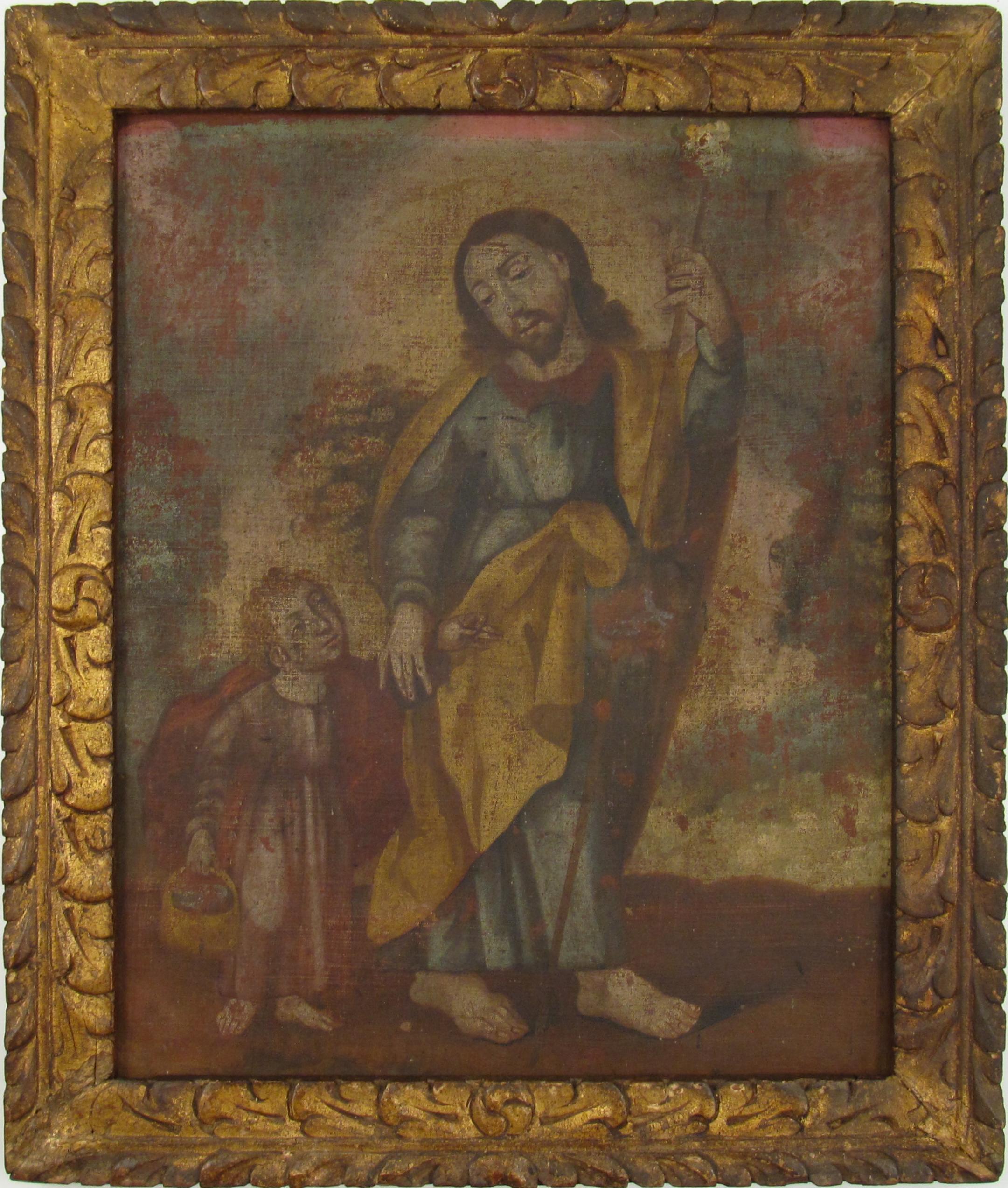 17thC Spanish Colonial School Frame with orig. Painting St. Joseph Jesus Child