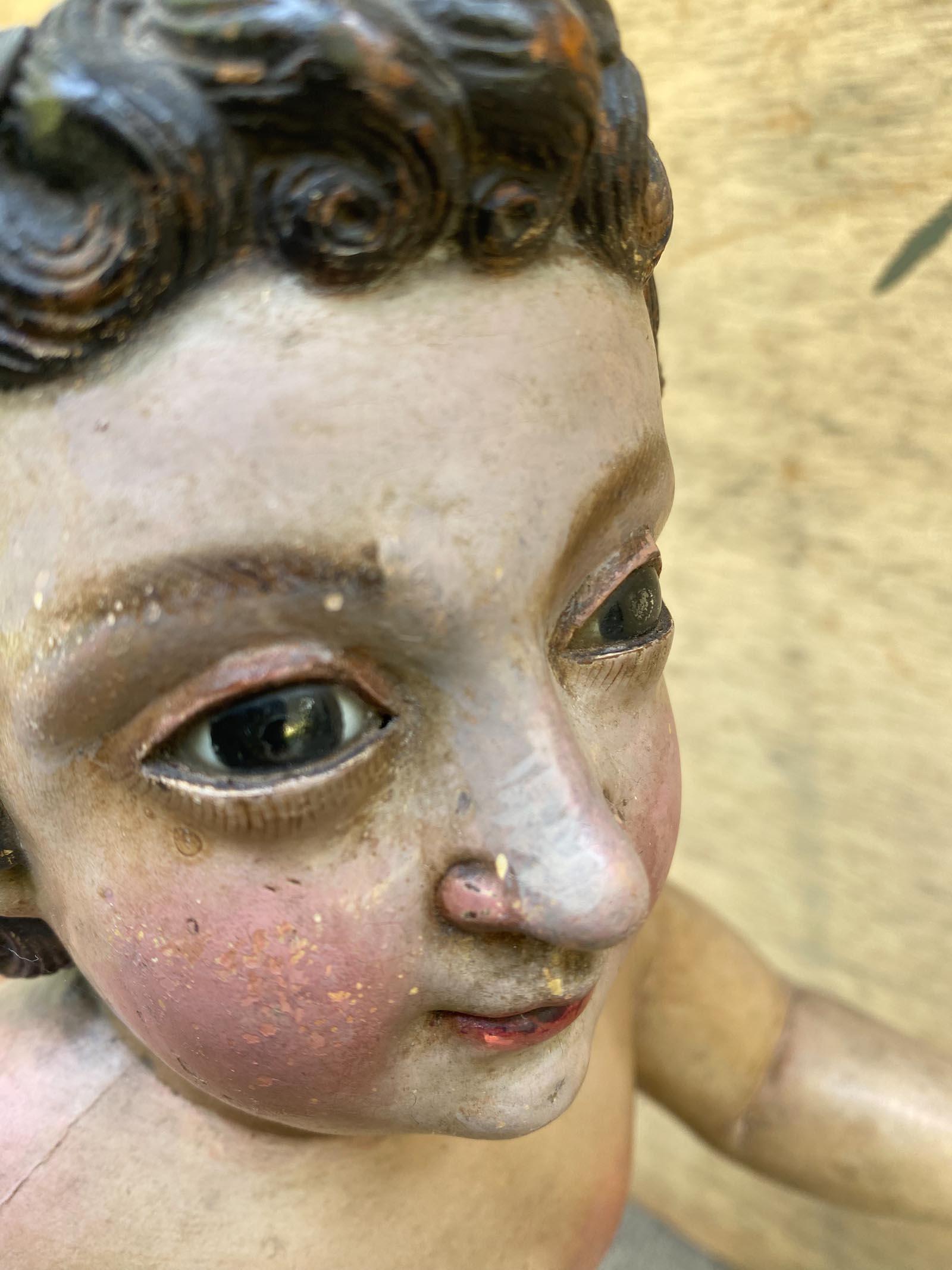 El Niño Jesús (Baby Jesus)
Guatemala, Spanish Colonial Period (17th–18th century)
Wood, gesso, polychrome, and glass eyes

This expressive sculpture of the Christ Child was crafted in colonial Guatemala, where Spanish and indigenous traditions