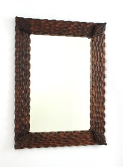 Spanish Colonial Rectangular Mirror in Carved Wood & Leaf Corner Details, 1950s
