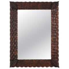 Spanish Colonial Rectangular Mirror in Carved Wood & Leaf Corner Details, 1950s