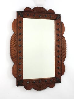 Spanish Colonial Rectangular Mirror in Carved Wood with Iron Studs, 1940s