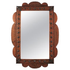 Spanish Colonial Rectangular Mirror in Carved Wood with Iron Studs, 1940s
