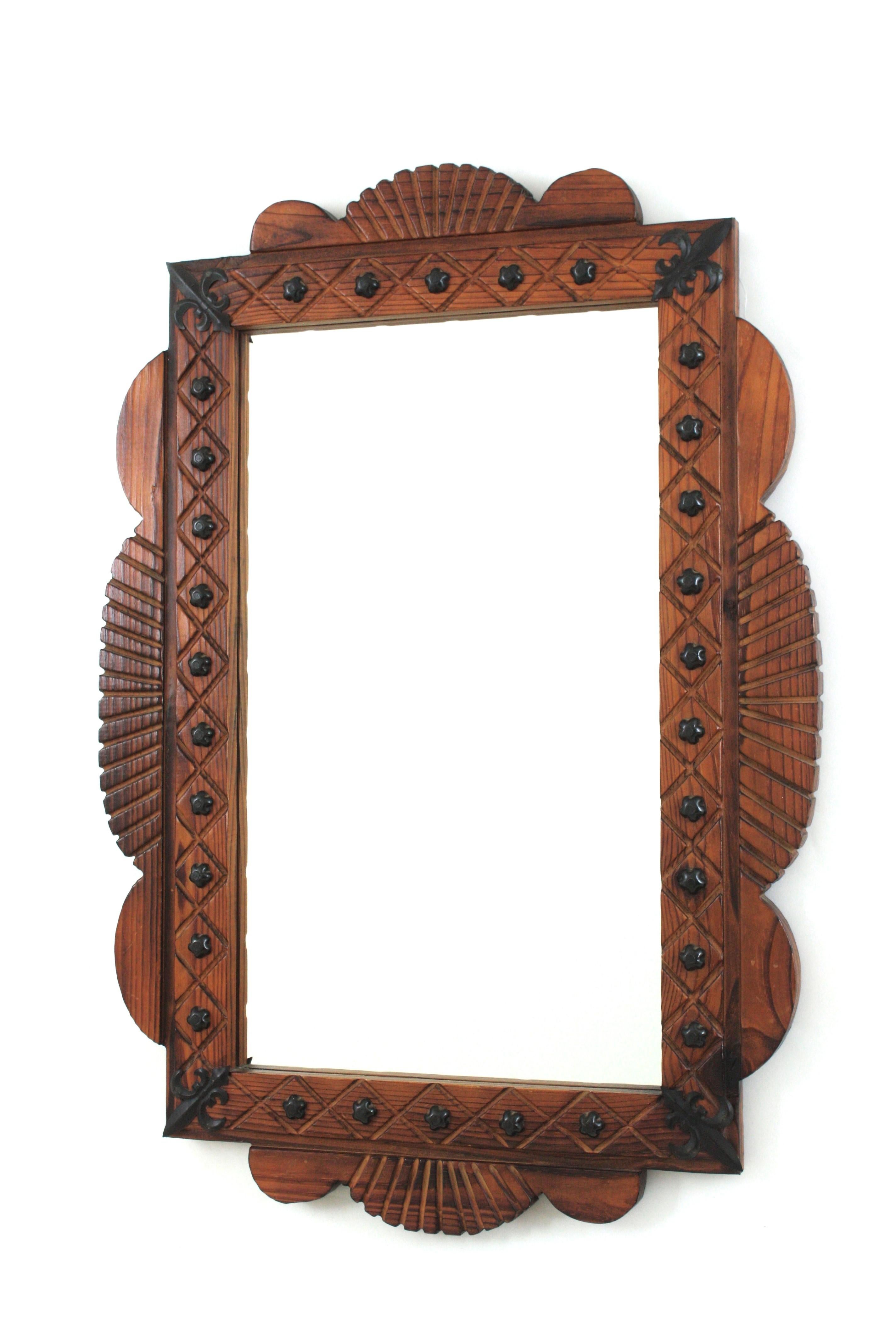 Spanish Colonial Rectangular Mirror in Carved Wood with Iron Studs For Sale 5