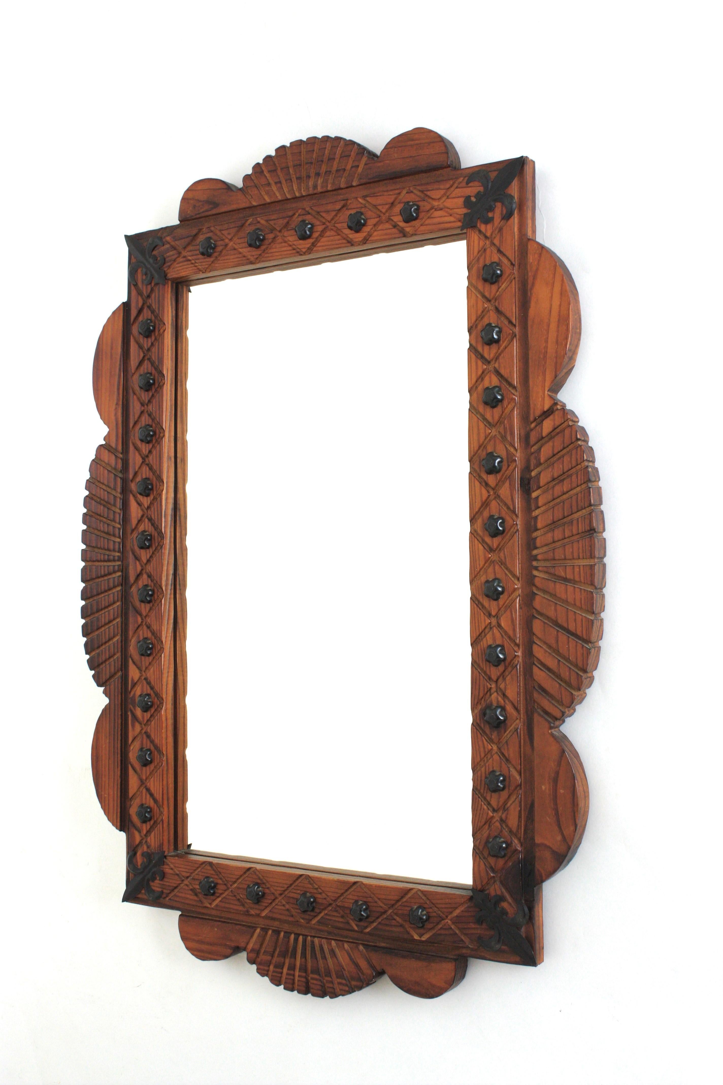 Spanish Colonial Rectangular Mirror in Carved Wood with Iron Studs For Sale 6