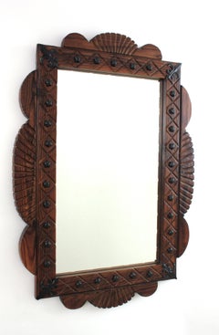 Spanish Colonial Rectangular Mirror in Carved Wood with Iron Studs
