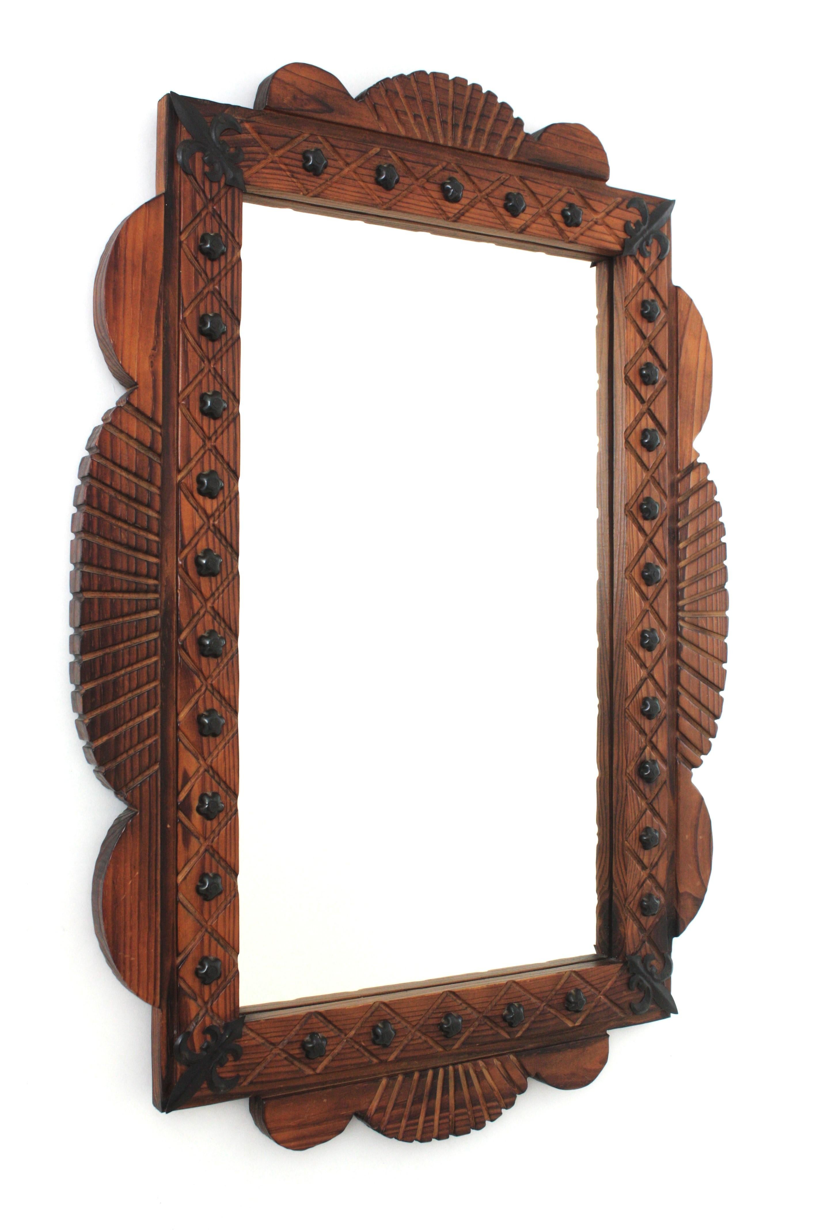 Hand-Crafted Spanish Colonial Rectangular Mirror in Carved Wood with Iron Studs For Sale