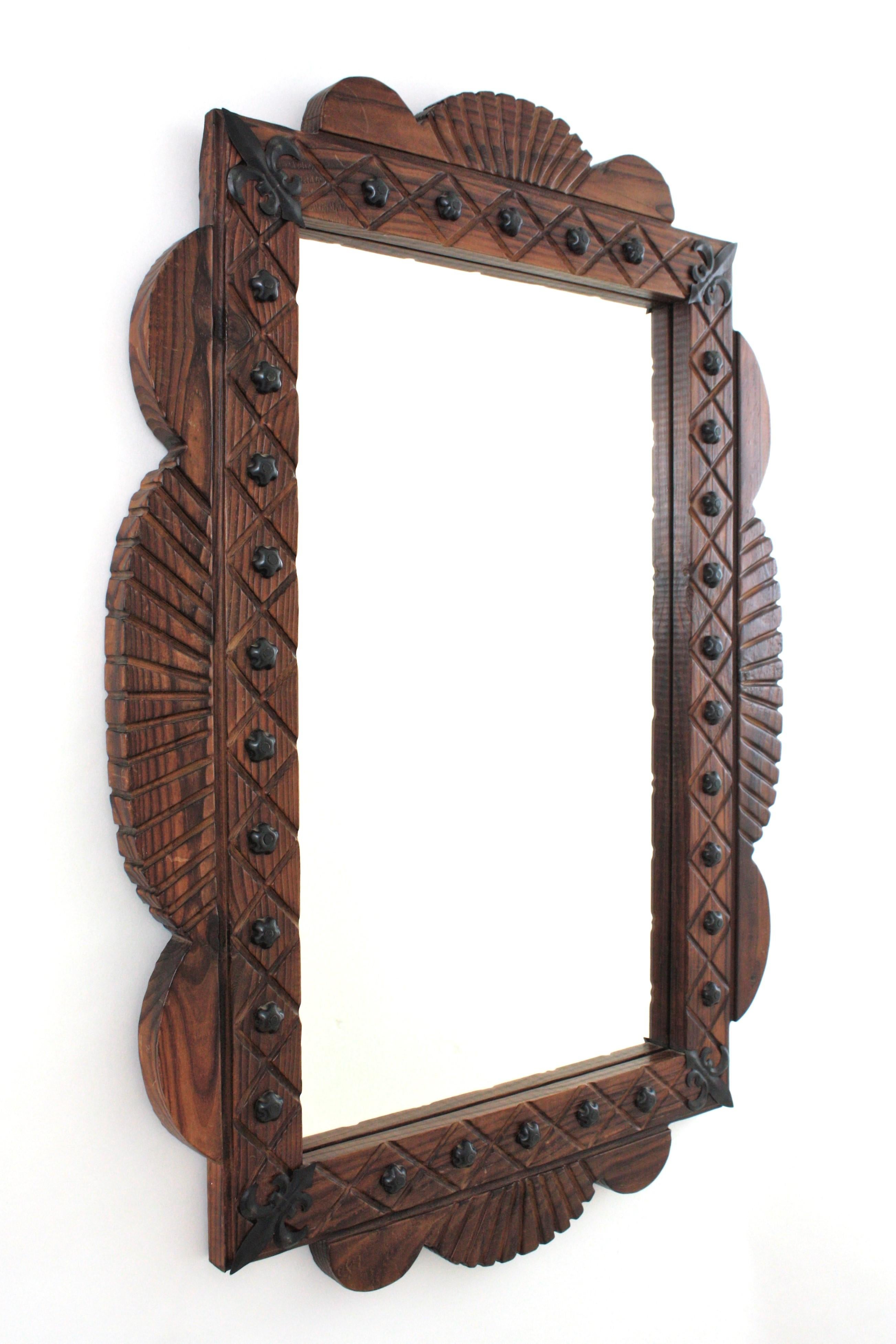 Hand-Carved Spanish Colonial Rectangular Mirror in Carved Wood with Iron Studs For Sale