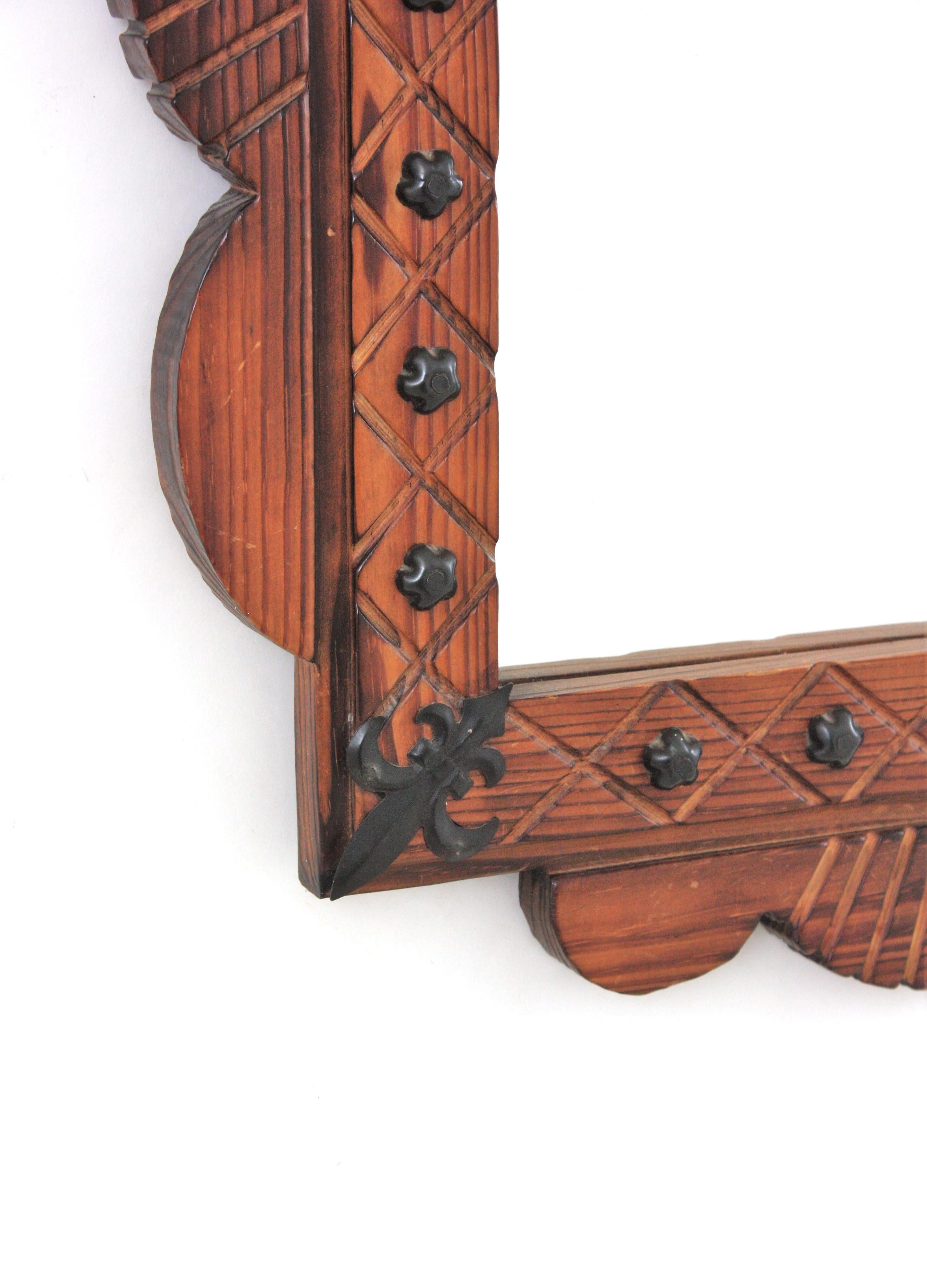 20th Century Spanish Colonial Rectangular Mirror in Carved Wood with Iron Studs For Sale
