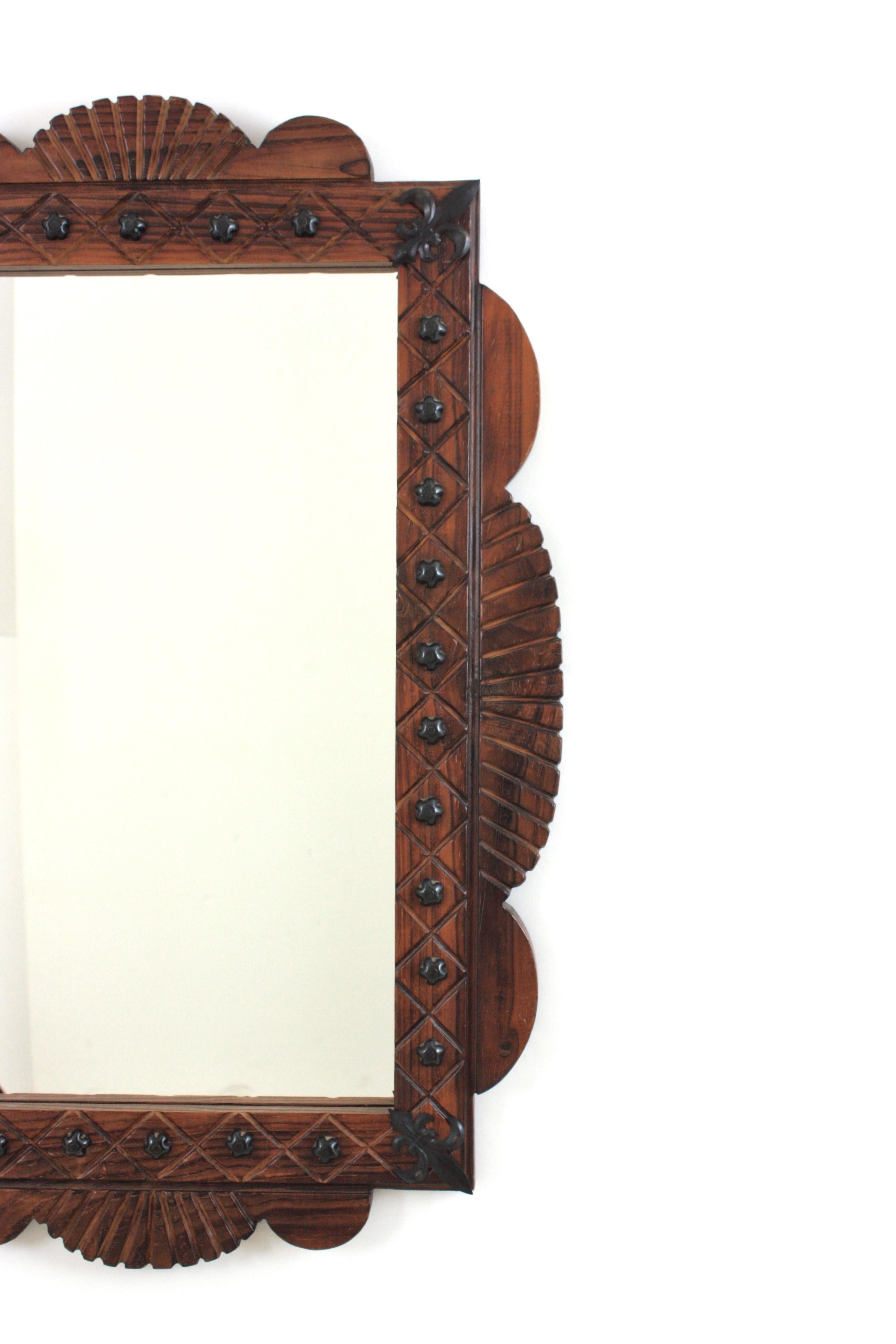 20th Century Spanish Colonial Rectangular Mirror in Carved Wood with Iron Studs For Sale