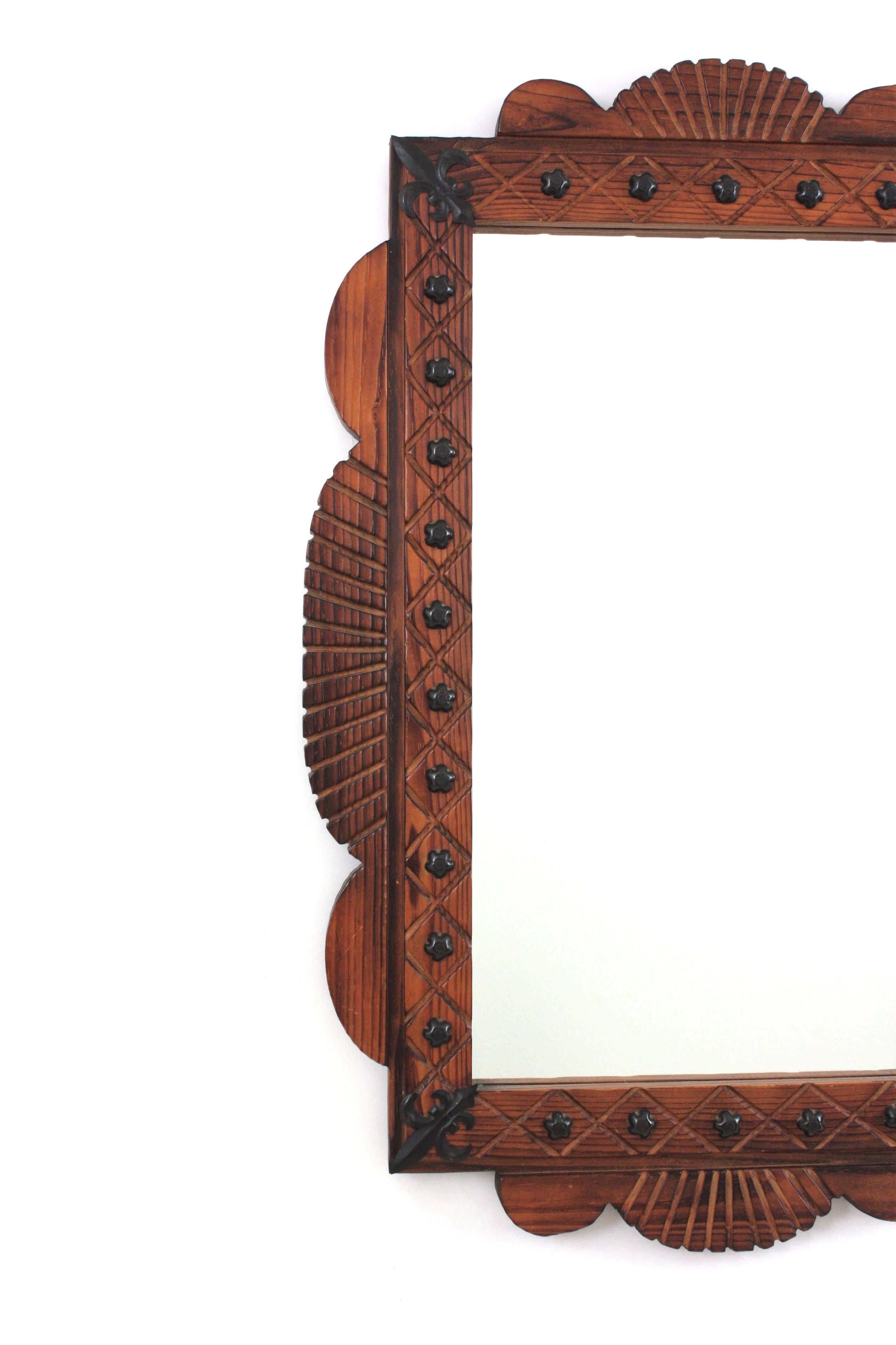 Spanish Colonial Rectangular Mirror in Carved Wood with Iron Studs For Sale 1