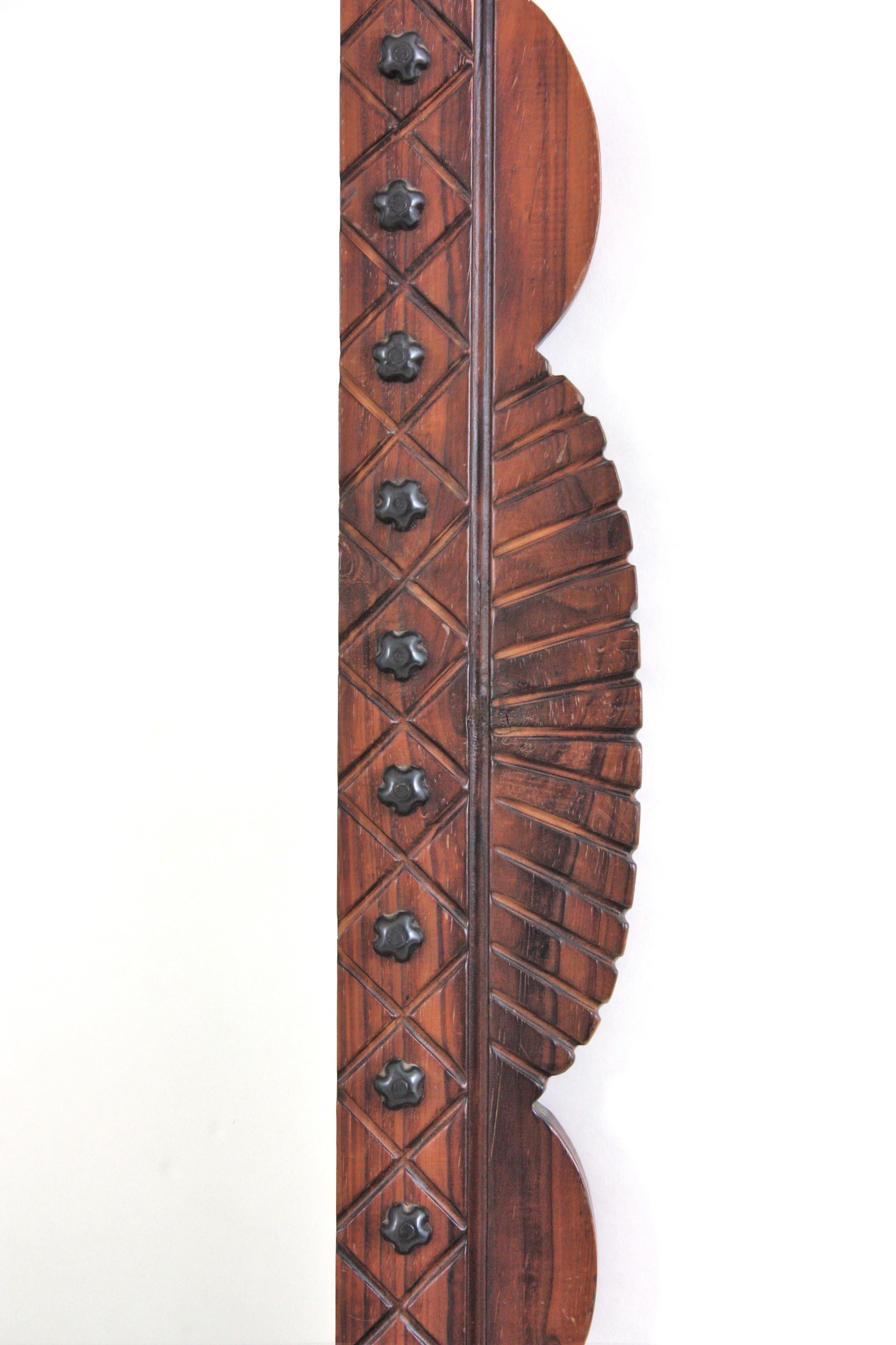 Metal Spanish Colonial Rectangular Mirror in Carved Wood with Iron Studs For Sale