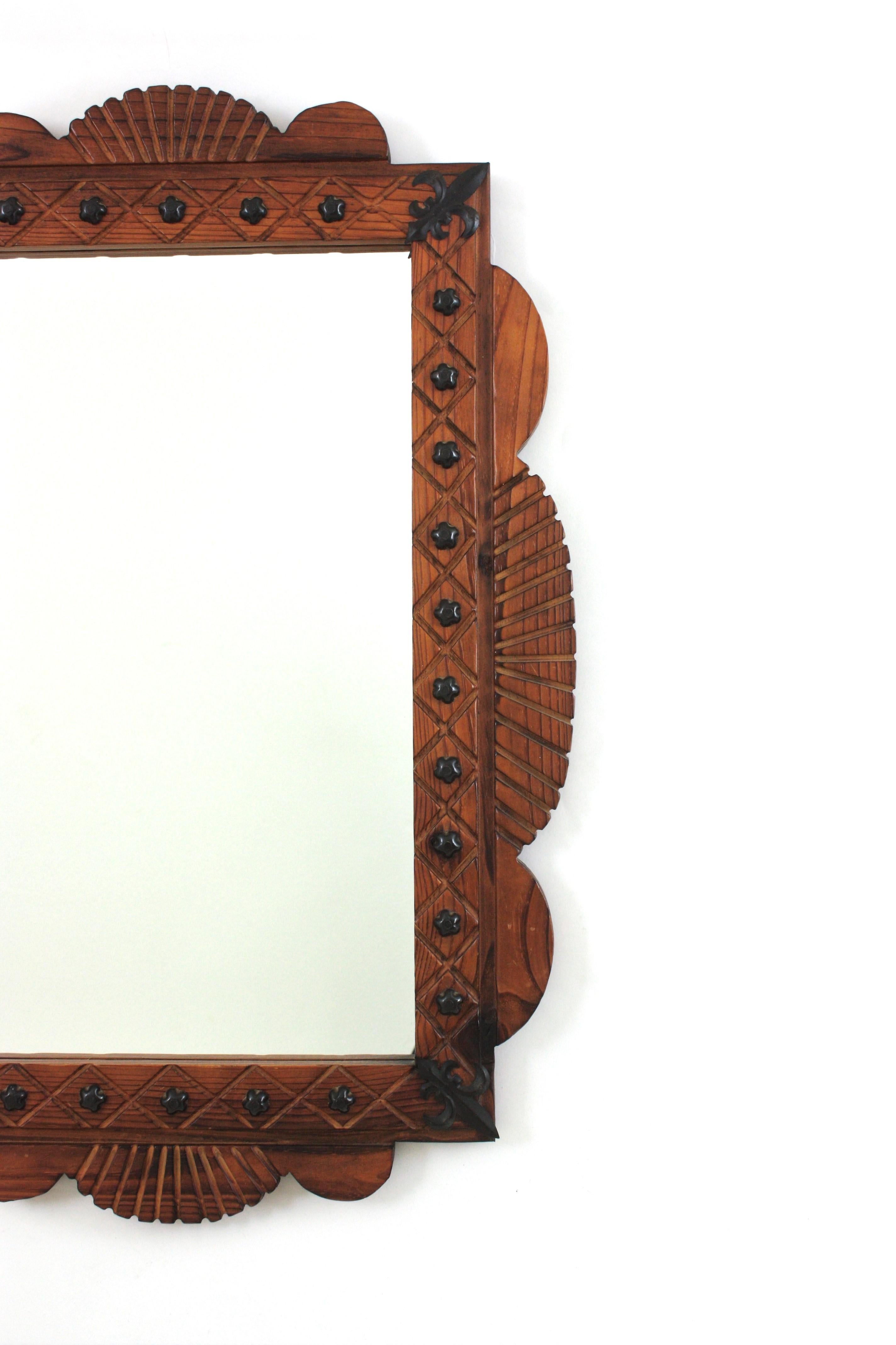 Spanish Colonial Rectangular Mirror in Carved Wood with Iron Studs For Sale 2