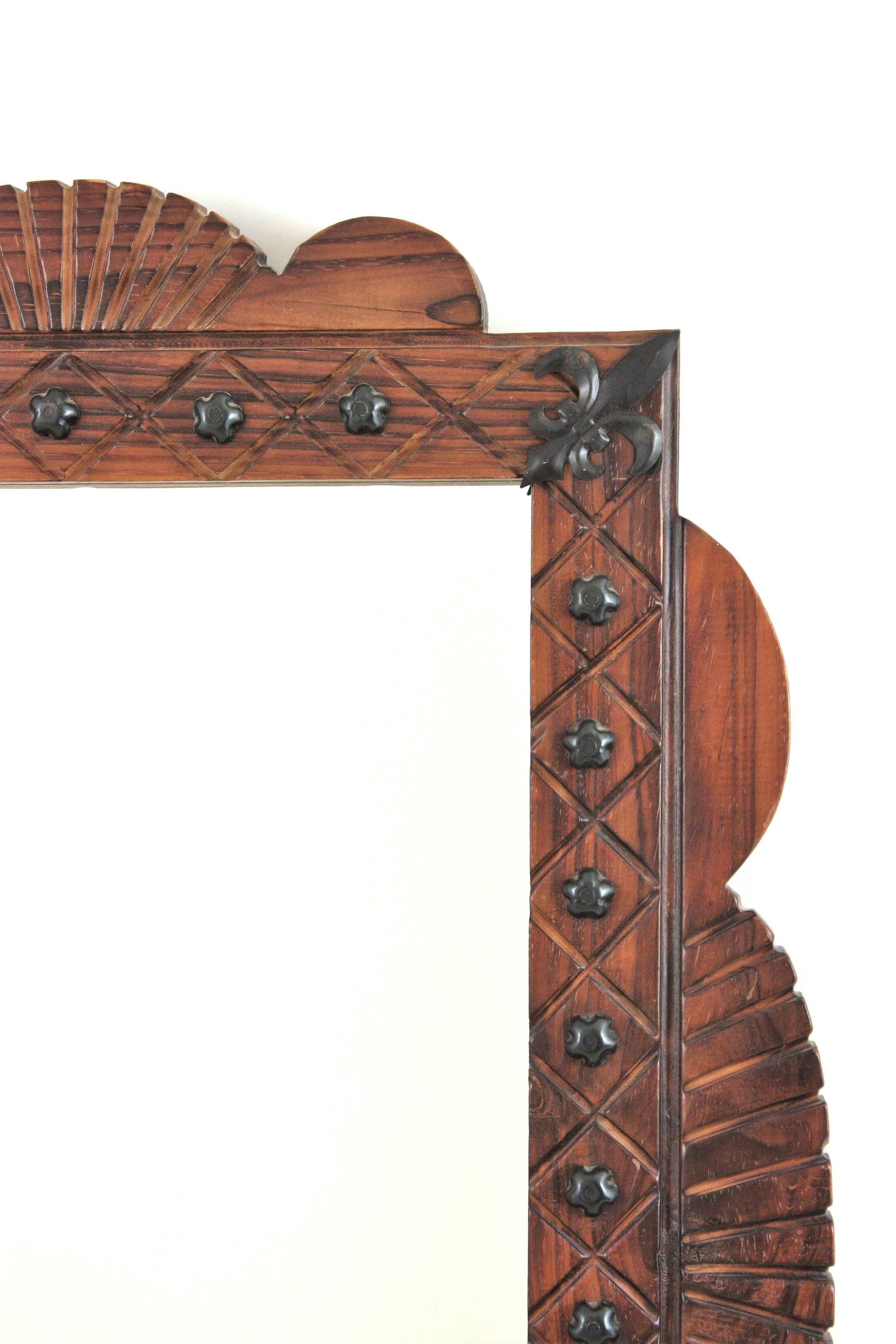 Spanish Colonial Rectangular Mirror in Carved Wood with Iron Studs For Sale 1