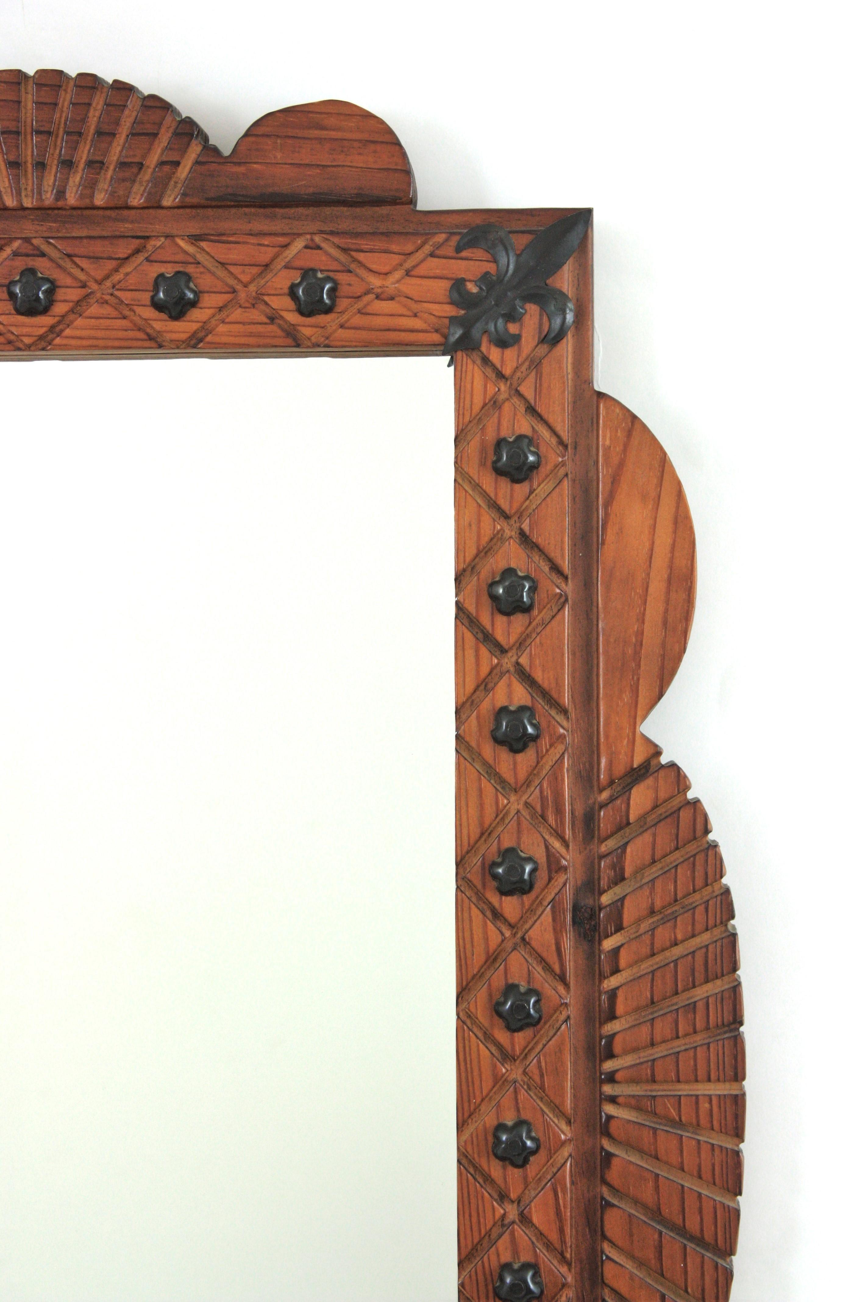 Spanish Colonial Rectangular Mirror in Carved Wood with Iron Studs For Sale 3