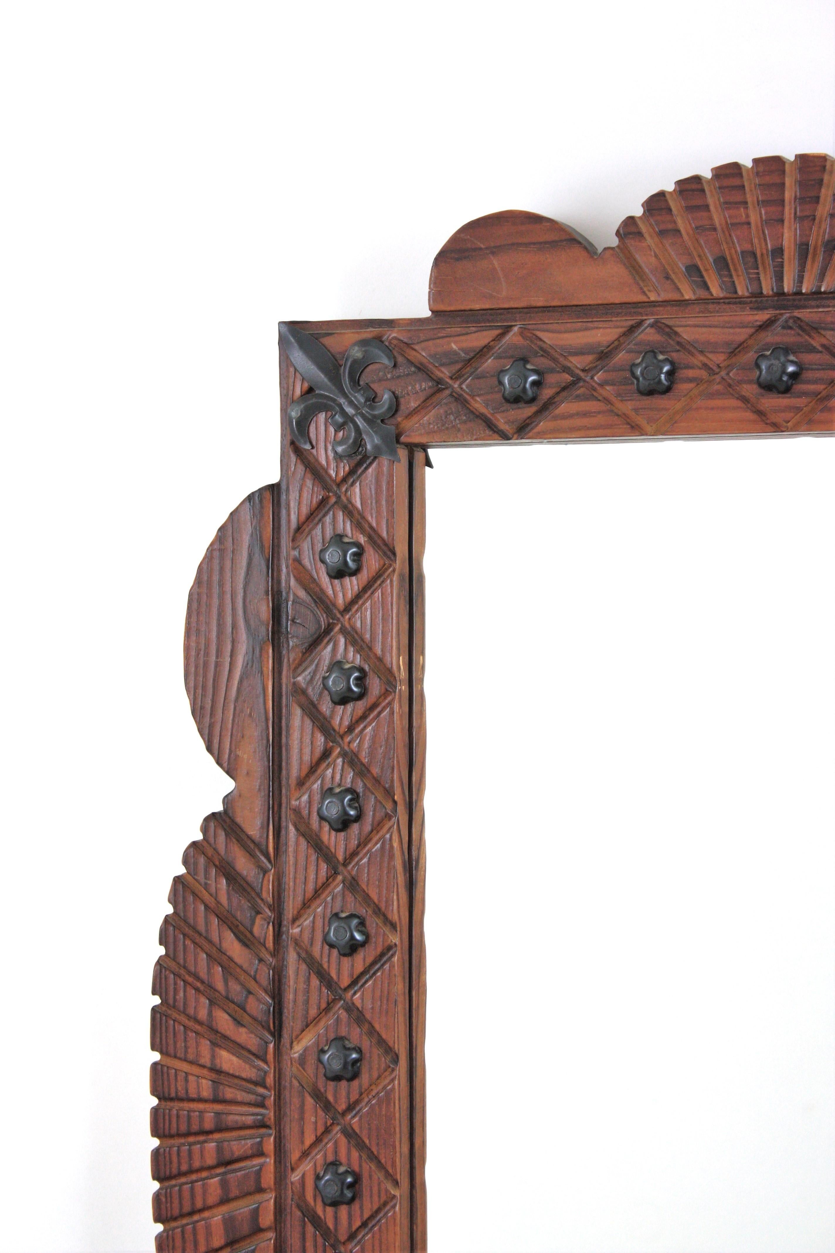 Spanish Colonial Rectangular Mirror in Carved Wood with Iron Studs For Sale 2