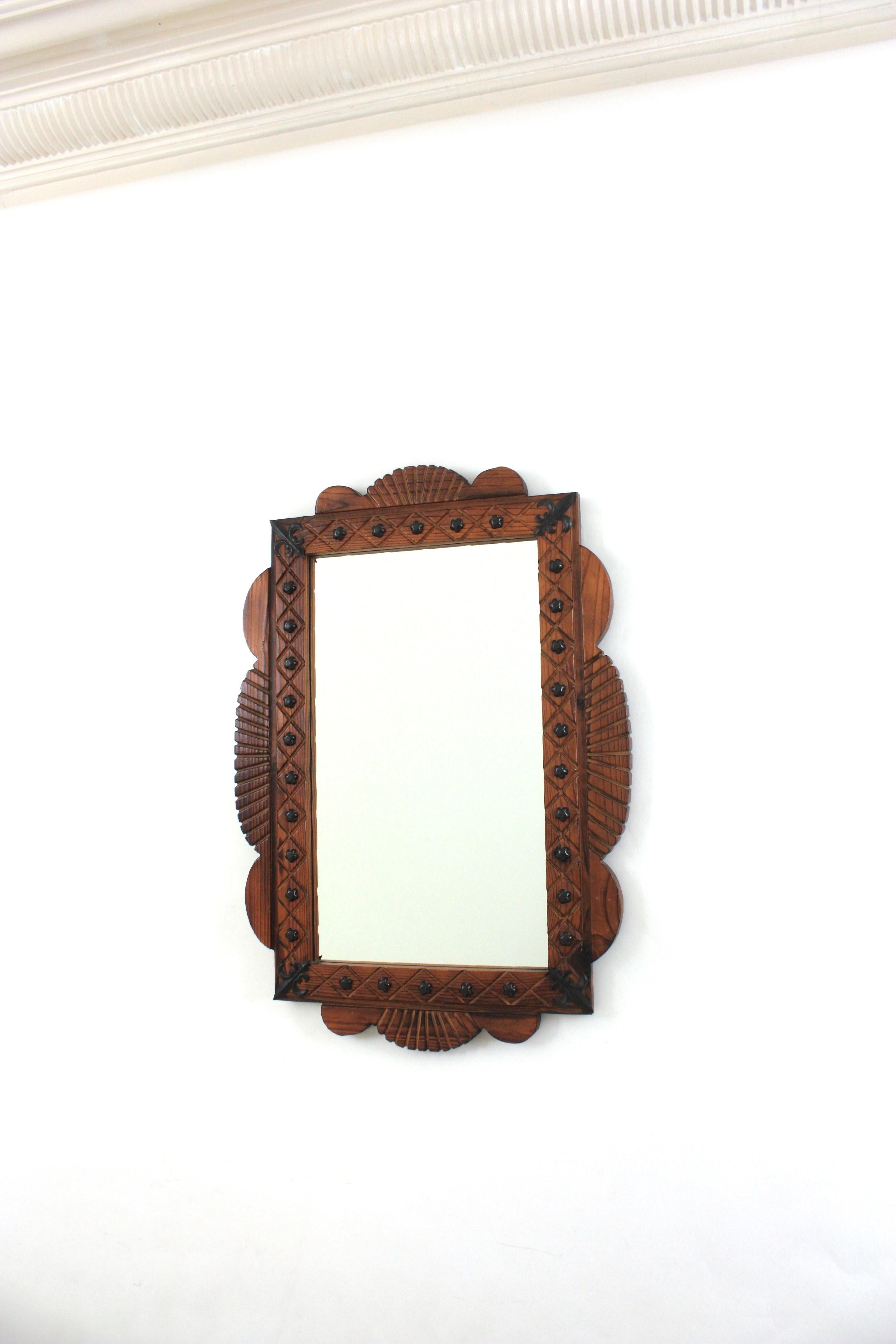 Spanish Colonial Rectangular Mirror in Carved Wood with Iron Studs For Sale 4