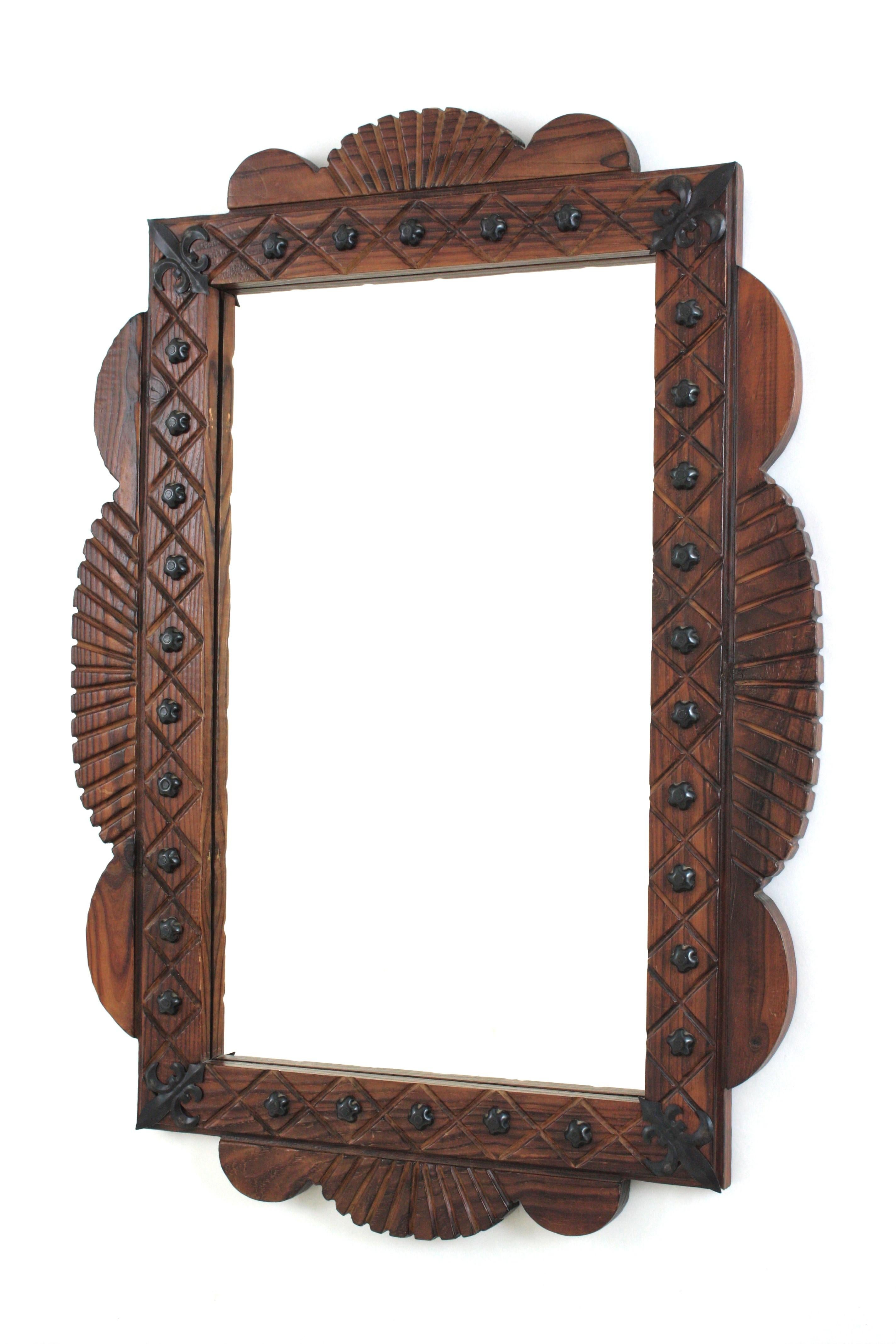 Spanish Colonial Rectangular Mirror in Carved Wood with Iron Studs For Sale 3