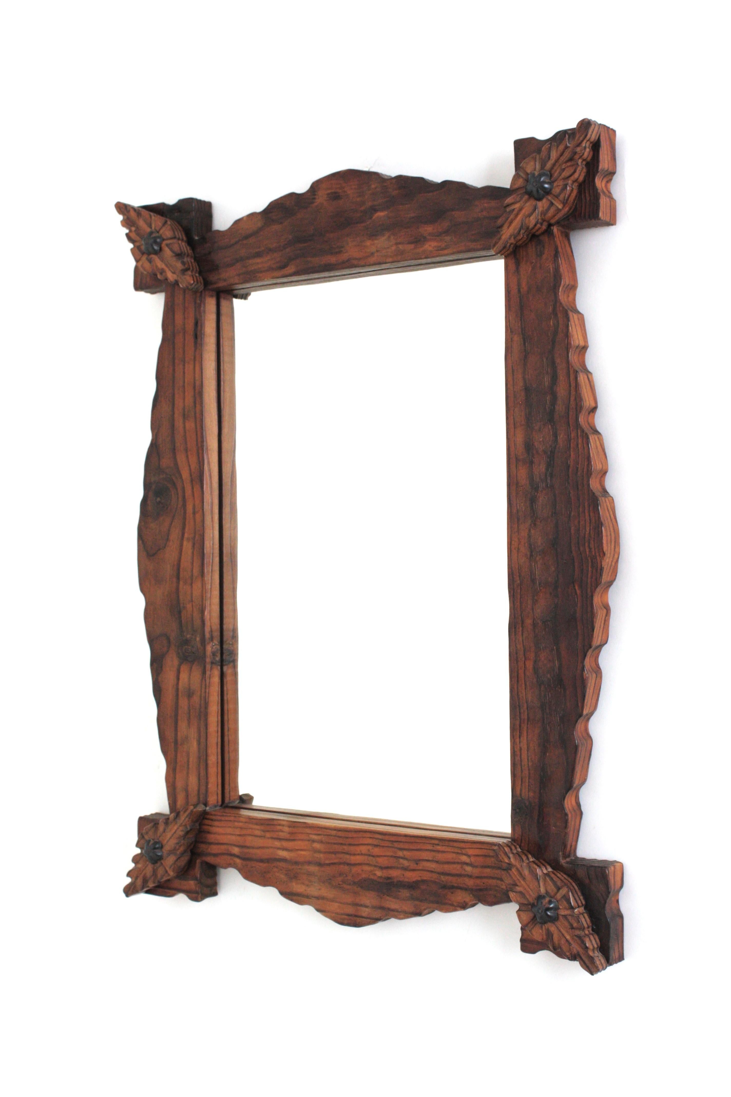 Spanish Colonial Rectangular Mirror in Carved Wood with Rhombus Corner Details For Sale 6