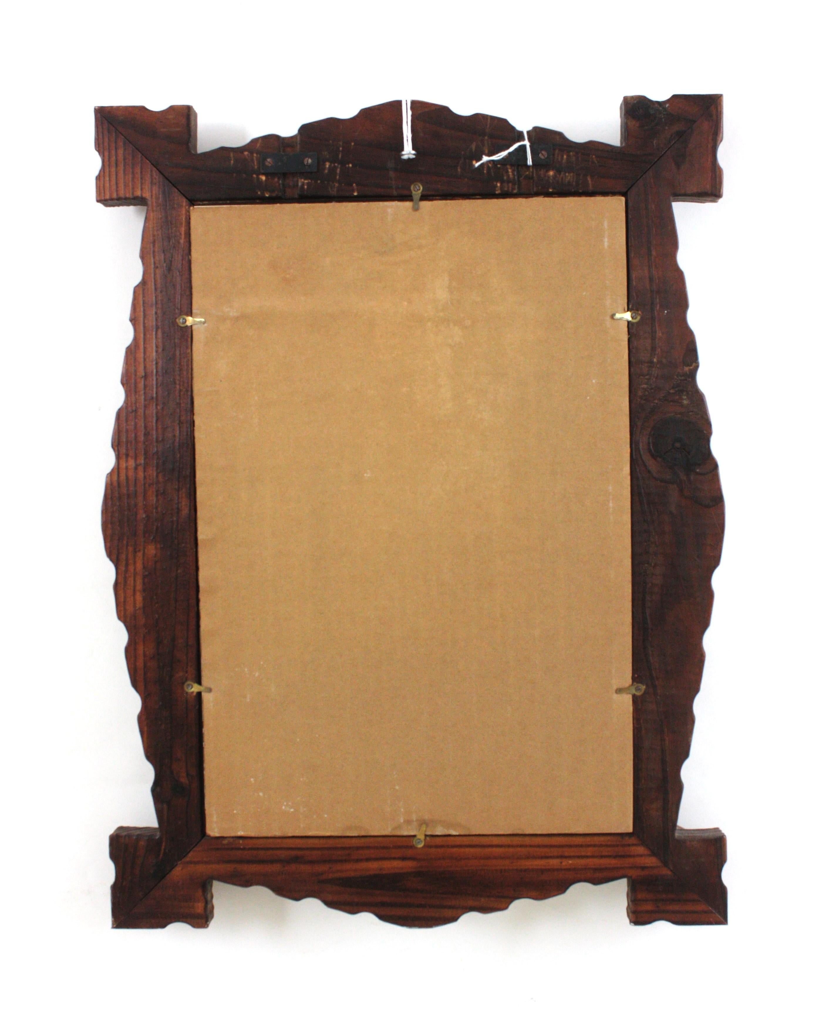 Spanish Colonial Rectangular Mirror in Carved Wood with Rhombus Corner Details For Sale 7