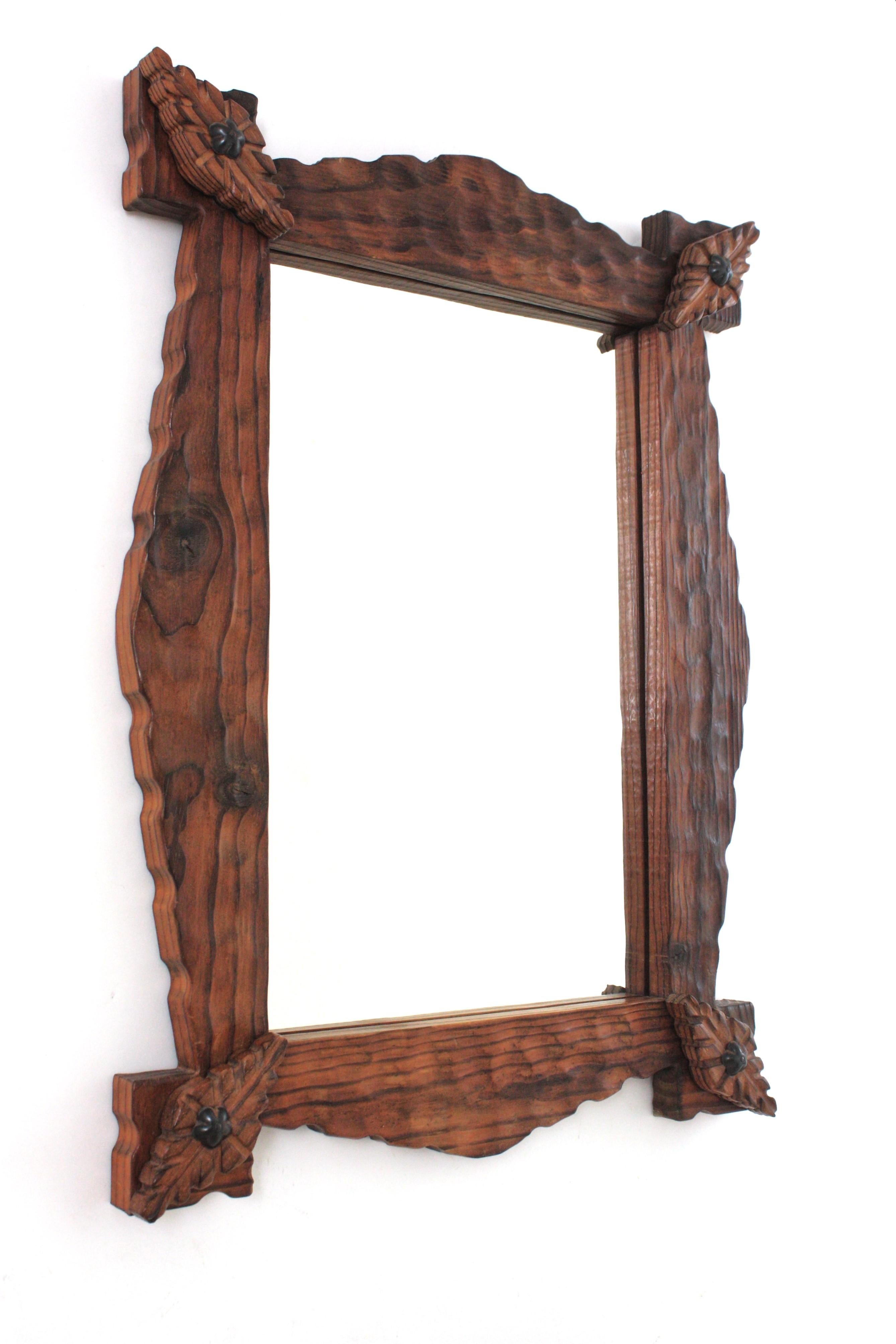 Hand-Carved Spanish Colonial Rectangular Mirror in Carved Wood with Rhombus Corner Details For Sale