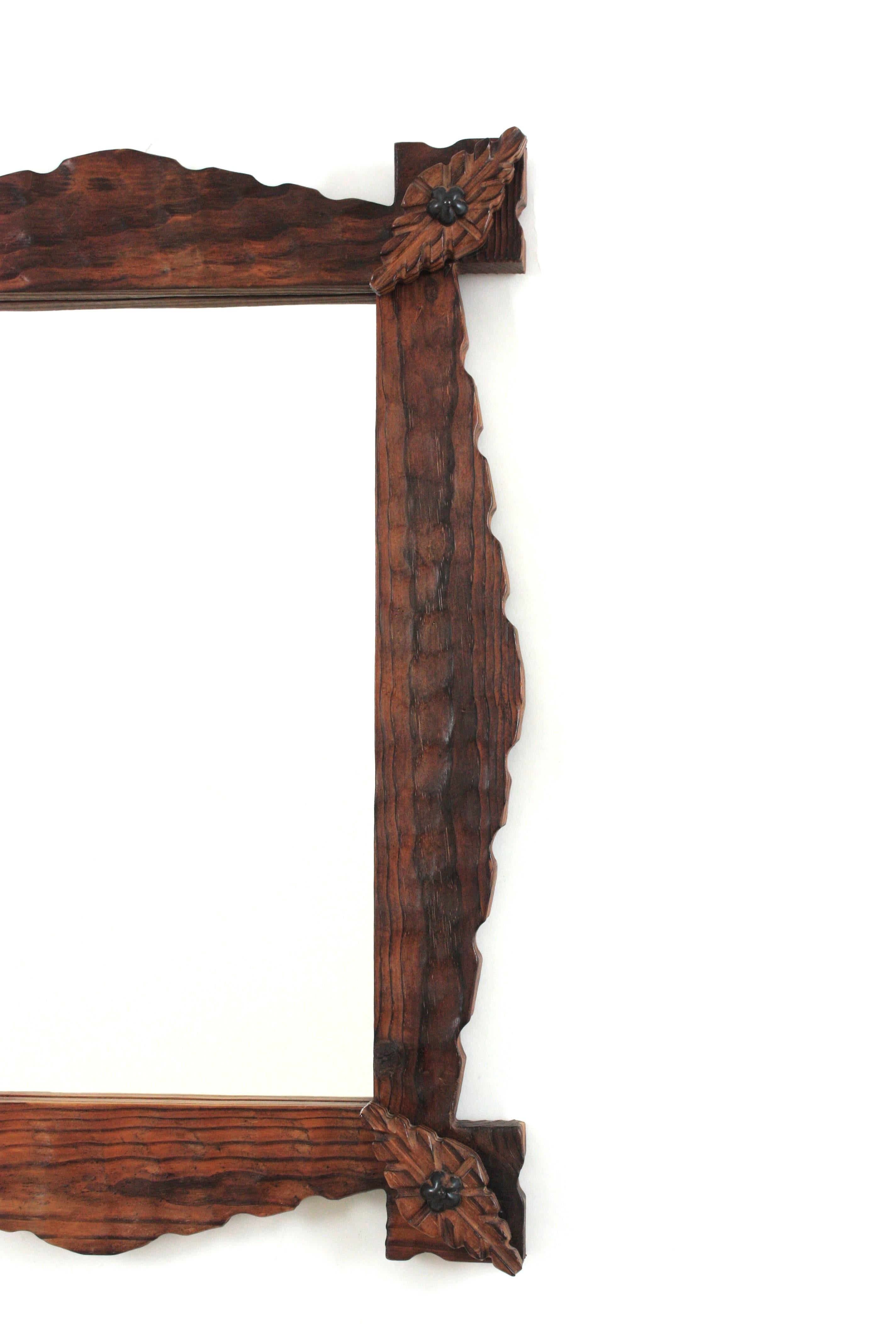 20th Century Spanish Colonial Rectangular Mirror in Carved Wood with Rhombus Corner Details For Sale
