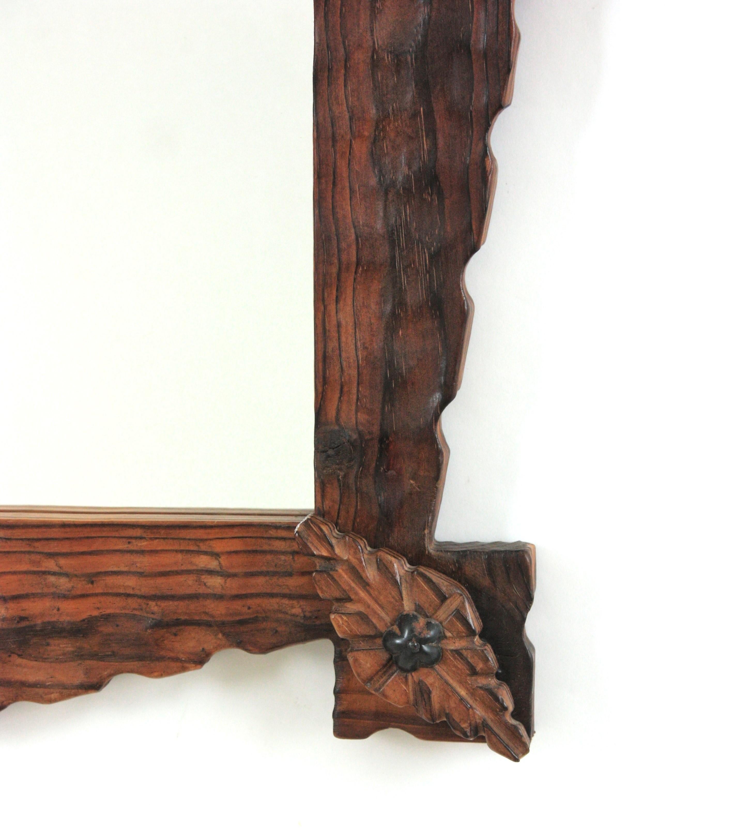 Spanish Colonial Rectangular Mirror in Carved Wood with Rhombus Corner Details For Sale 1