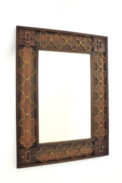 Spanish Colonial Rectangular Mirror in Wood and Gilt Iron Rosettes, 1950s