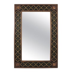 Spanish Colonial Rectangular Mirror with Gilt Iron Rosettes Green Frame, 1950s