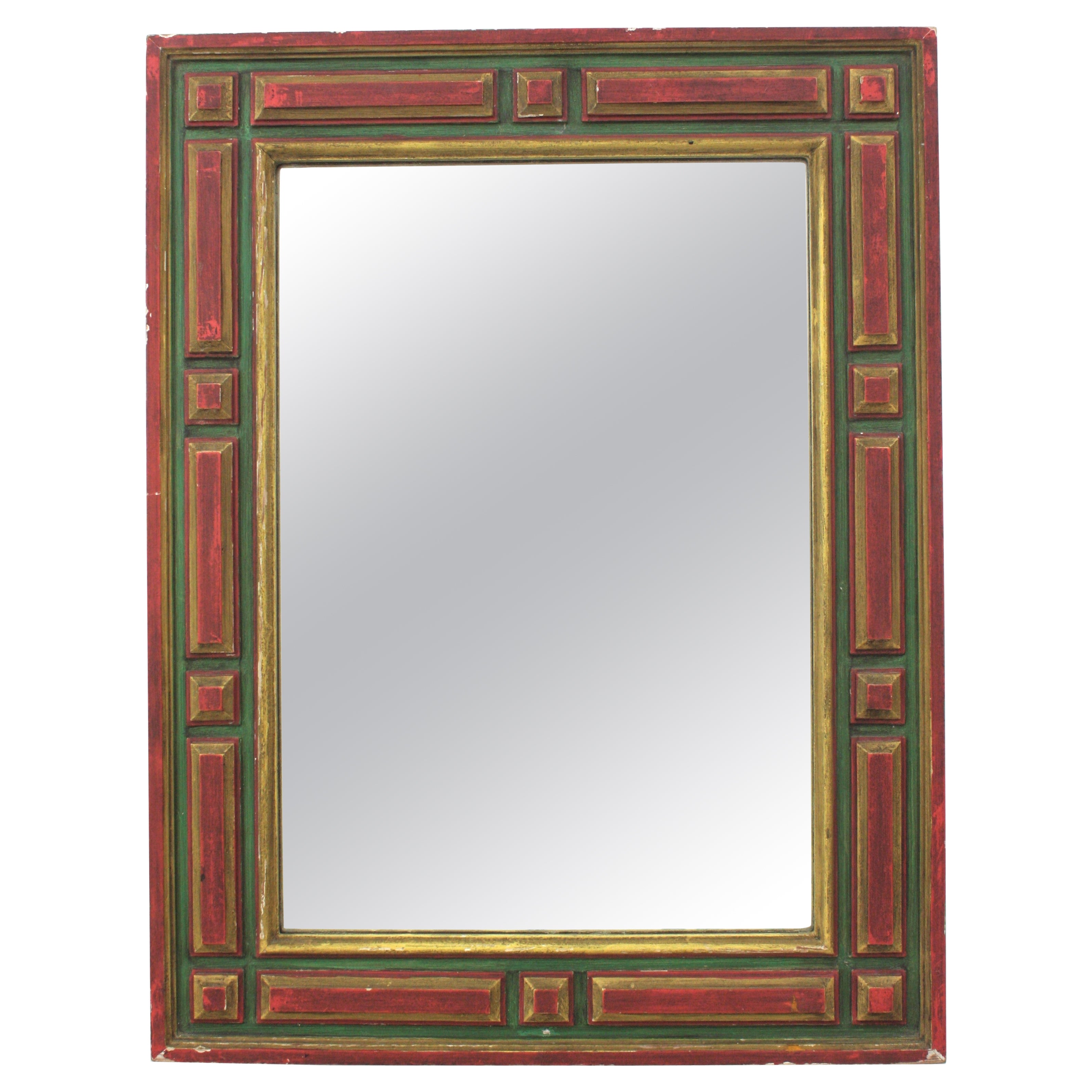 Miroir rectangulaire colonial espagnol à patine polychrome dorée, années 1940