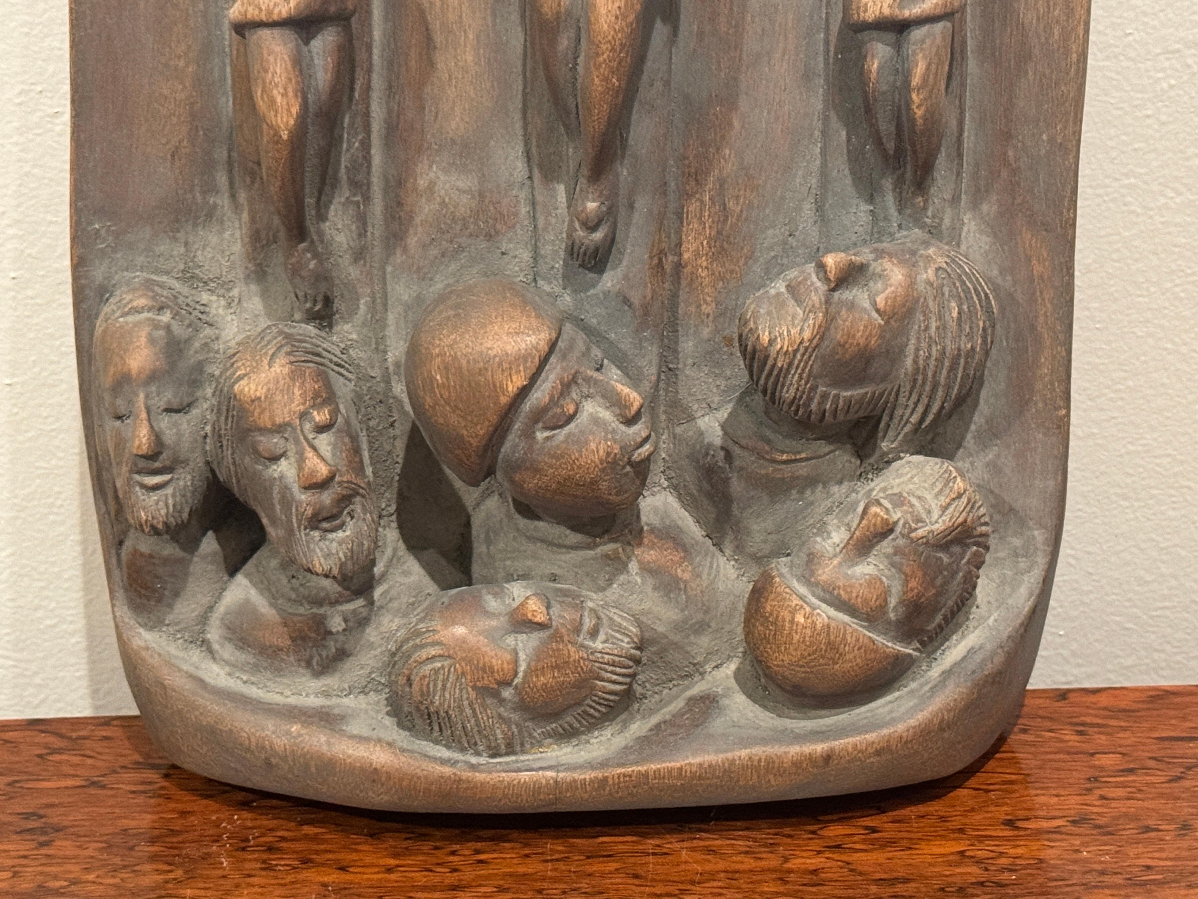 South American Spanish Colonial Religious Wood Carving Icon, Christ Crucified with Two Thieves For Sale
