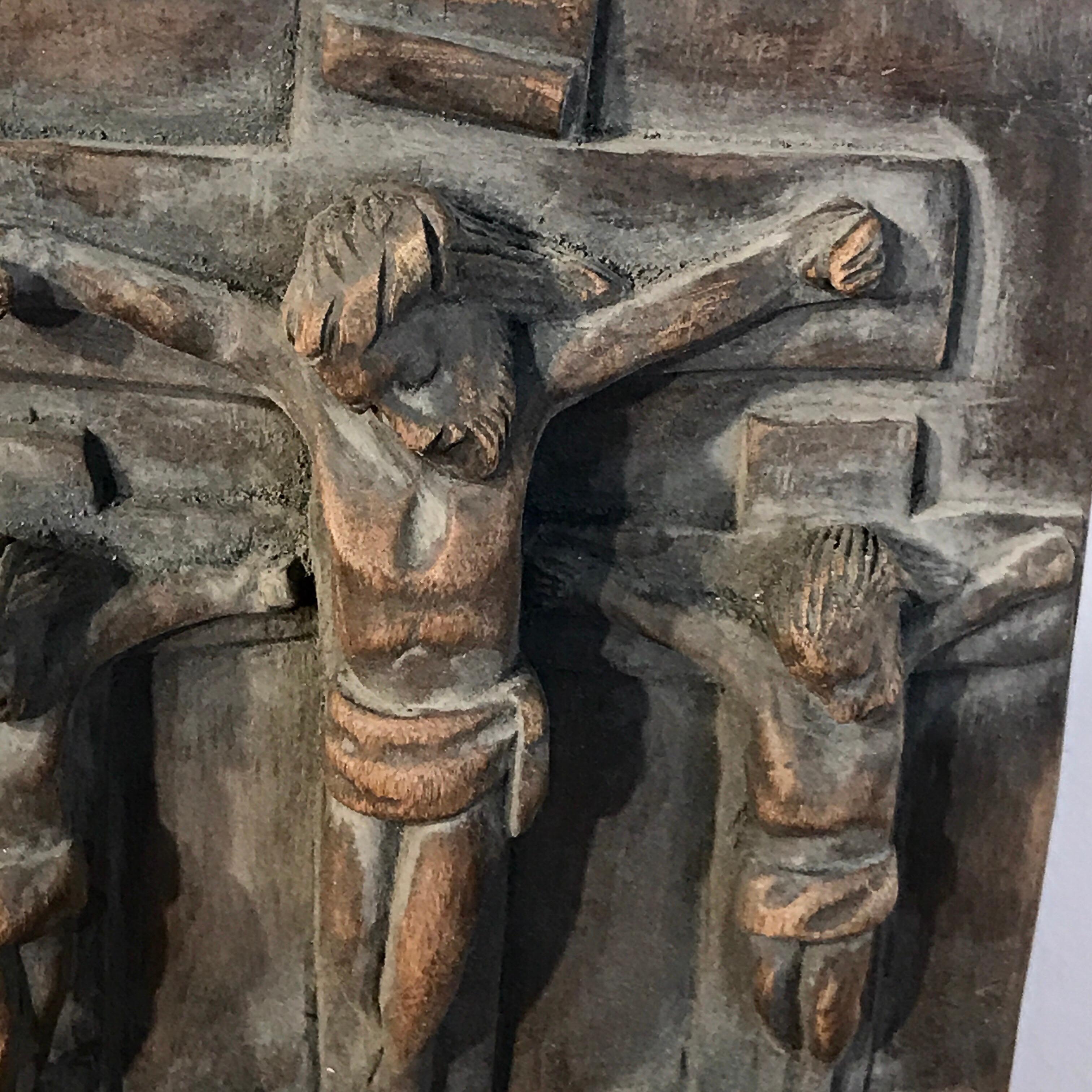 19th Century Spanish Colonial Religious Wood Carving Icon, Christ Crucified with Two Thieves