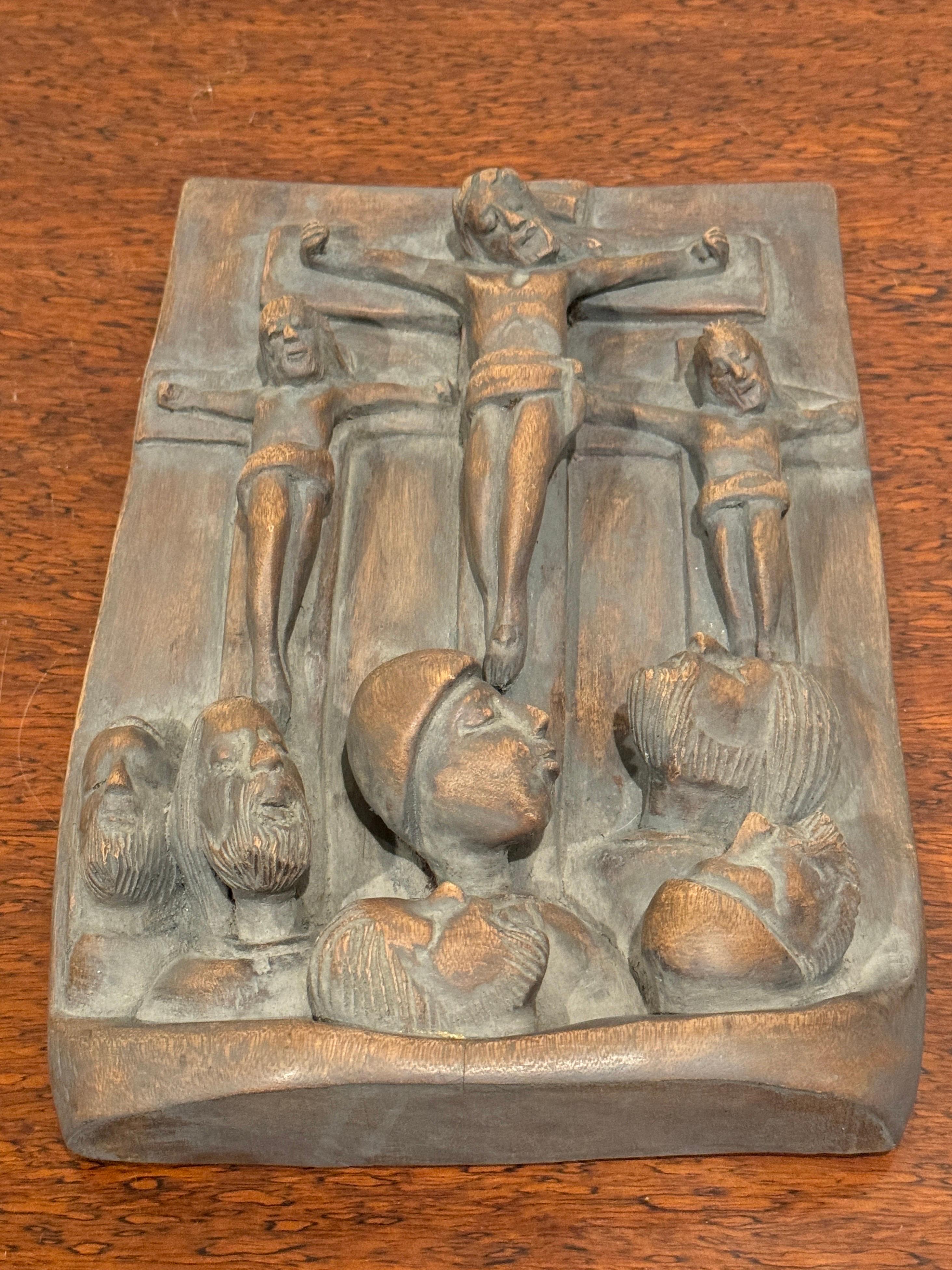 19th Century Spanish Colonial Religious Wood Carving Icon, Christ Crucified with Two Thieves For Sale